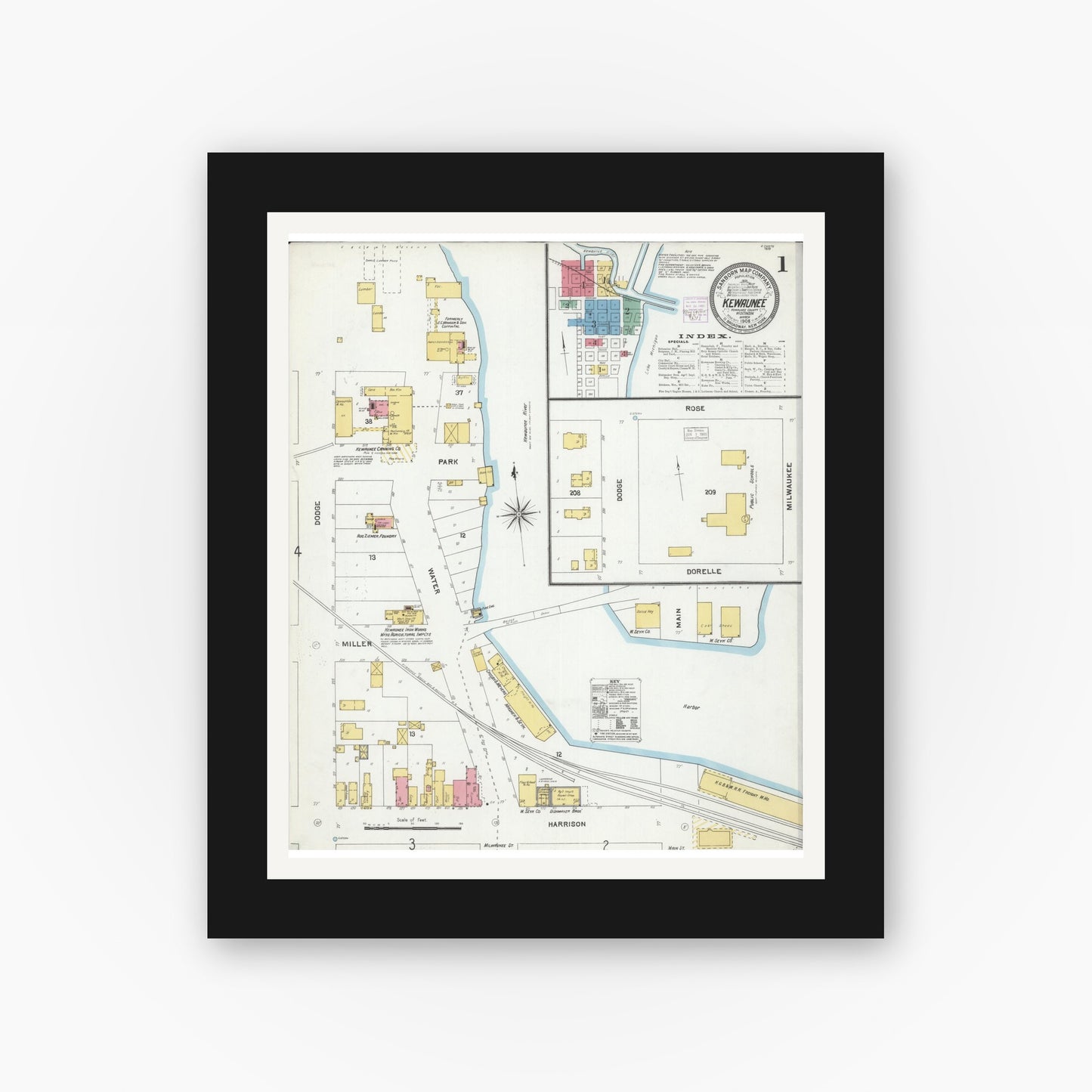 Old map wall art mockup — black gallery frame with white mat — Sanborn Fire Insurance Map from Kewaunee, Kewaunee County, Wisconsin (1905) - Complete Map Set