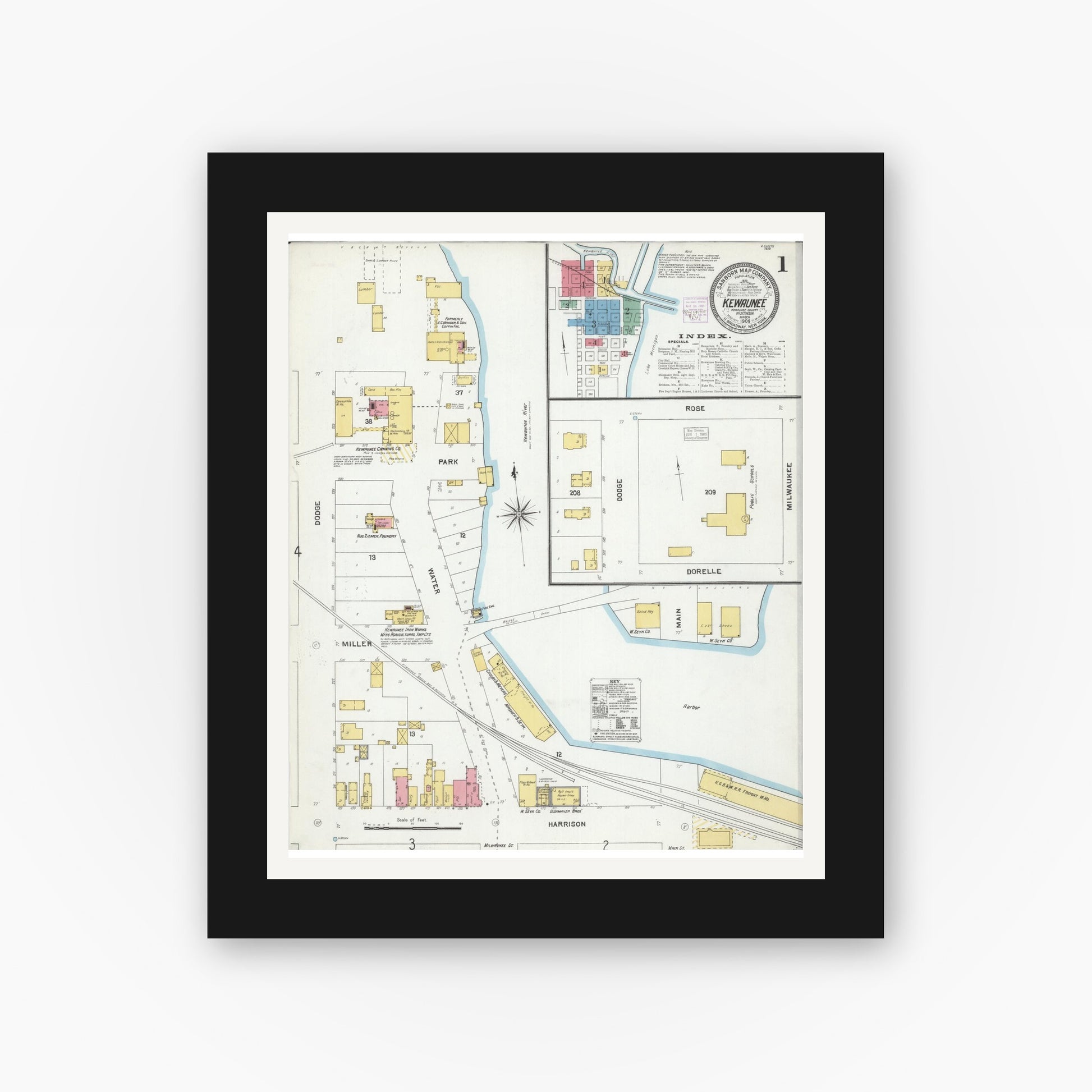 Old map wall art mockup — black gallery frame with white mat — Sanborn Fire Insurance Map from Kewaunee, Kewaunee County, Wisconsin (1905) - Complete Map Set