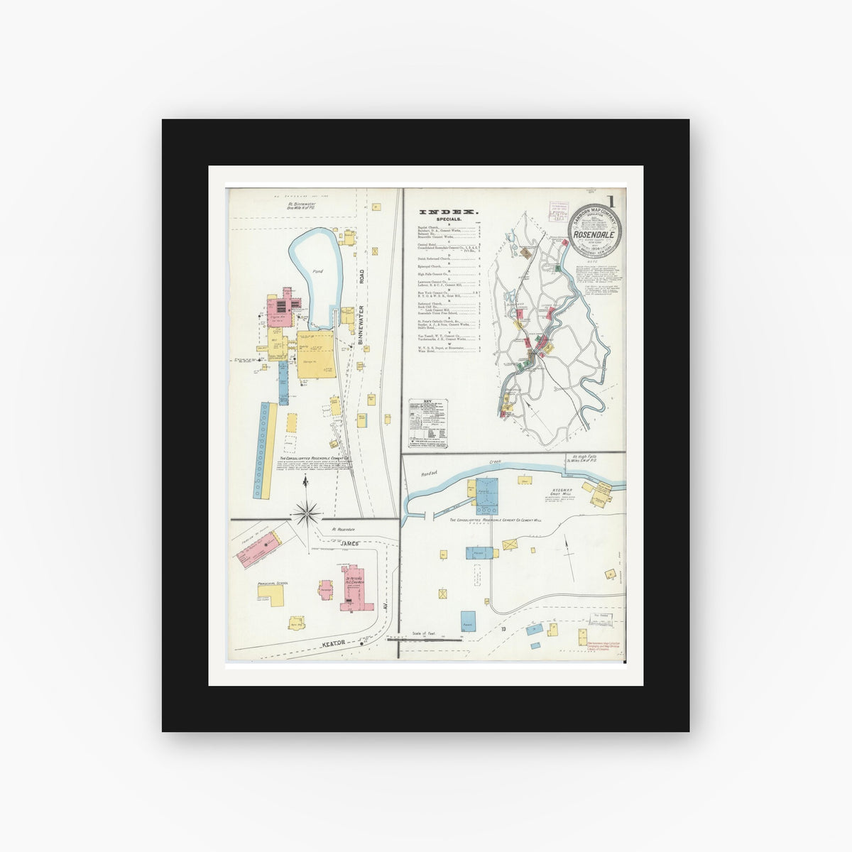 Old map wall art mockup — black gallery frame with white mat — Sanborn Fire Insurance Map from Rosendale, Ulster County, New York (1904) - Complete Map Set