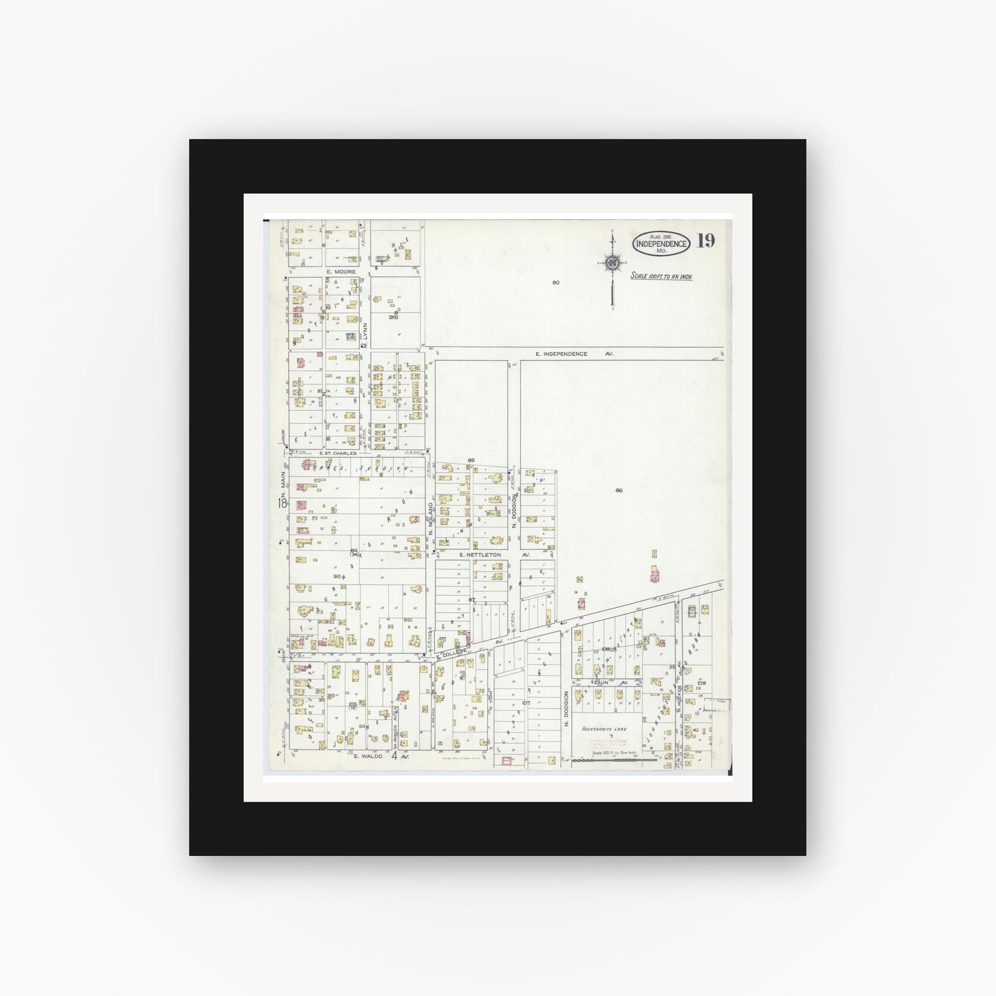Old map wall art mockup — black gallery frame with white mat — Sanborn Fire Insurance Map from Independence, Jackson County, Missouri (1916), Sheet #0019