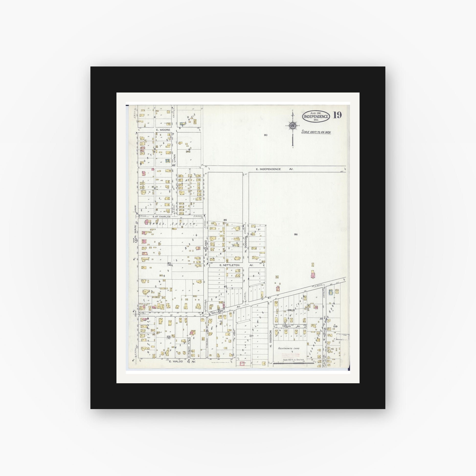 Old map wall art mockup — black gallery frame with white mat — Sanborn Fire Insurance Map from Independence, Jackson County, Missouri (1916), Sheet #0019