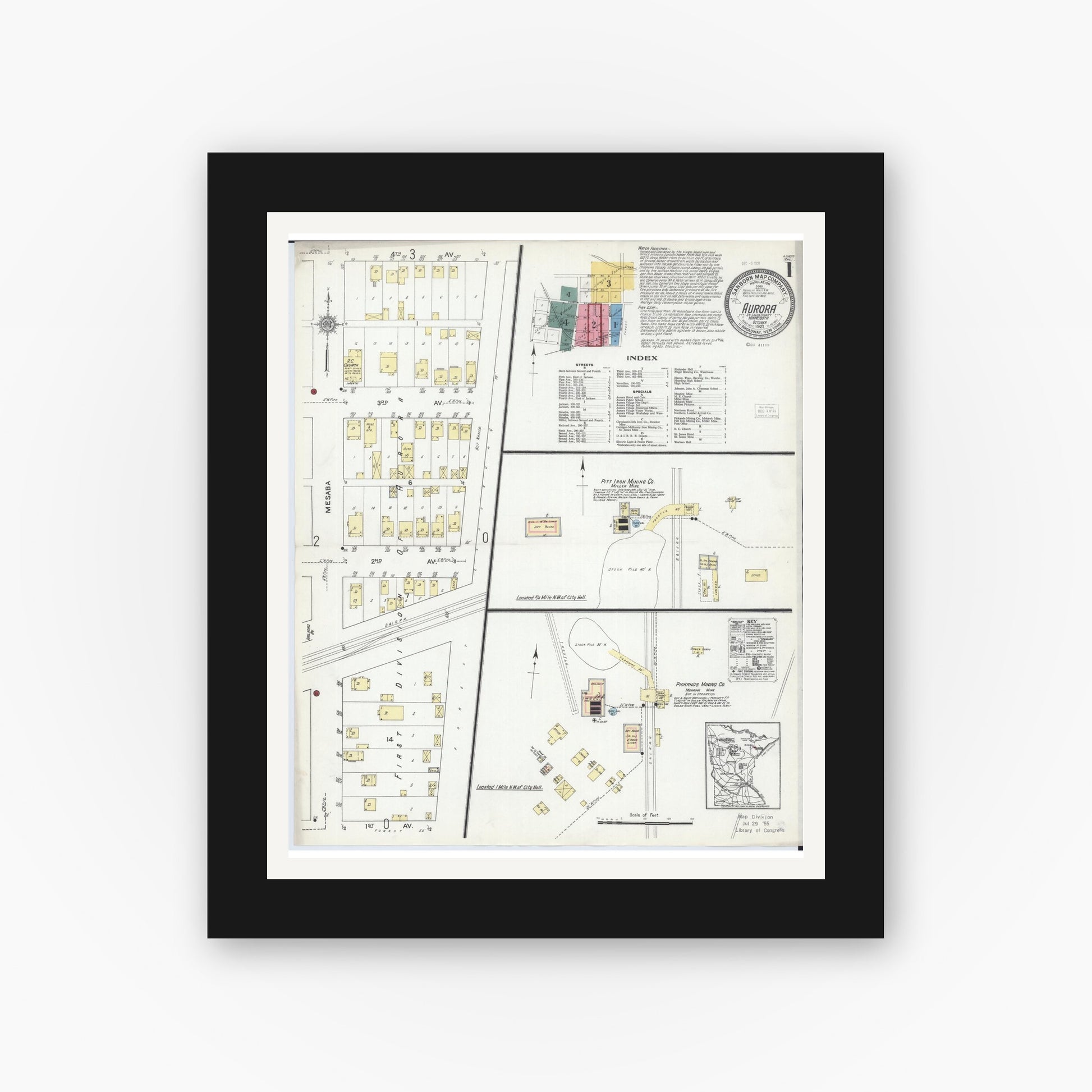 Old map wall art mockup — black gallery frame with white mat — Sanborn Fire Insurance Map from Aurora, Saint Louis County, Minnesota (1921) - Complete Map Set