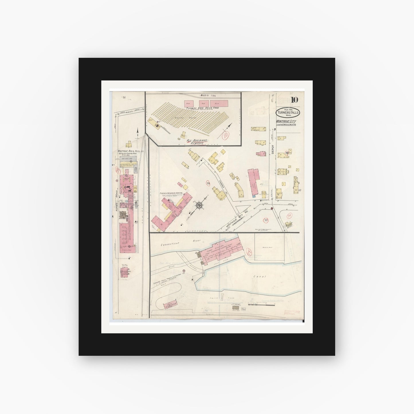 Old map wall art mockup — black gallery frame with white mat — Sanborn Fire Insurance Map from Turners Falls, Franklin County, Massachusetts (1940), Sheet #0010