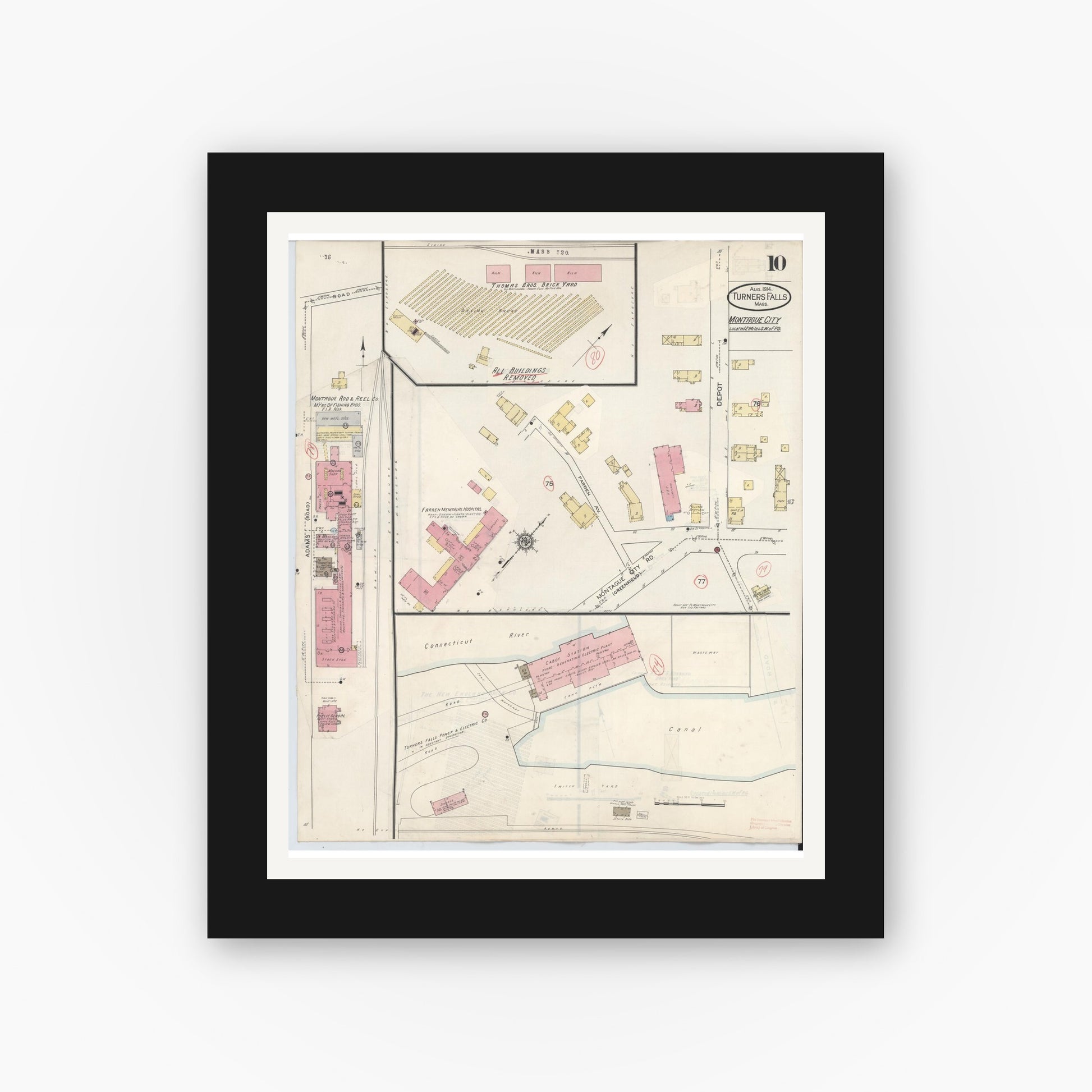 Old map wall art mockup — black gallery frame with white mat — Sanborn Fire Insurance Map from Turners Falls, Franklin County, Massachusetts (1940), Sheet #0010