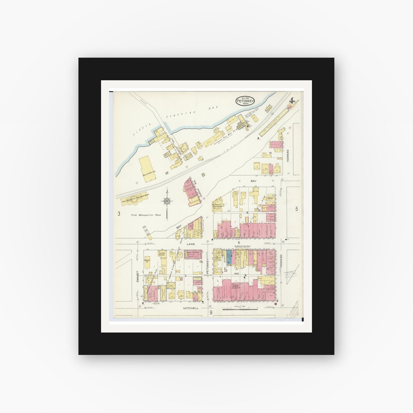 Old map wall art mockup — black gallery frame with white mat — Sanborn Fire Insurance Map from Petoskey, Emmet County, Michigan (1913), Sheet #0004