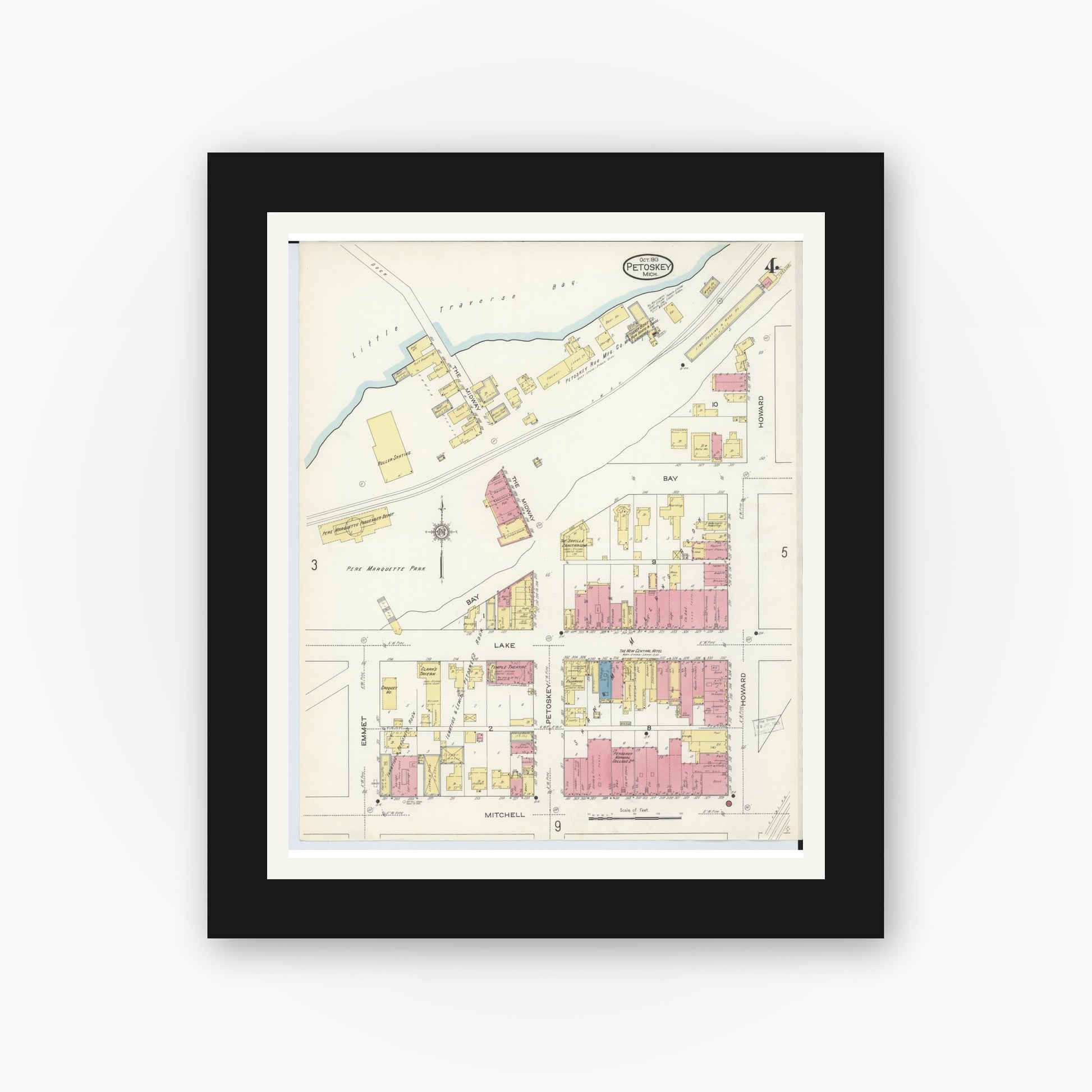 Old map wall art mockup — black gallery frame with white mat — Sanborn Fire Insurance Map from Petoskey, Emmet County, Michigan (1913), Sheet #0004