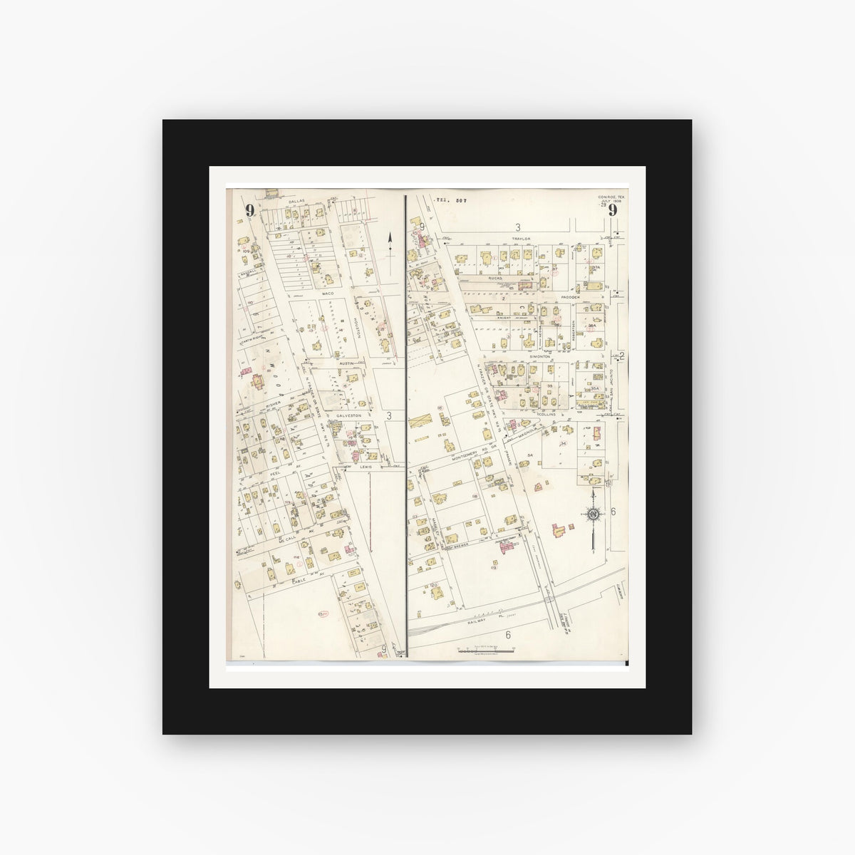 Old map wall art mockup — black gallery frame with white mat — Sanborn Fire Insurance Map from Conroe, Montgomery County, Texas (1943), Sheet #0009