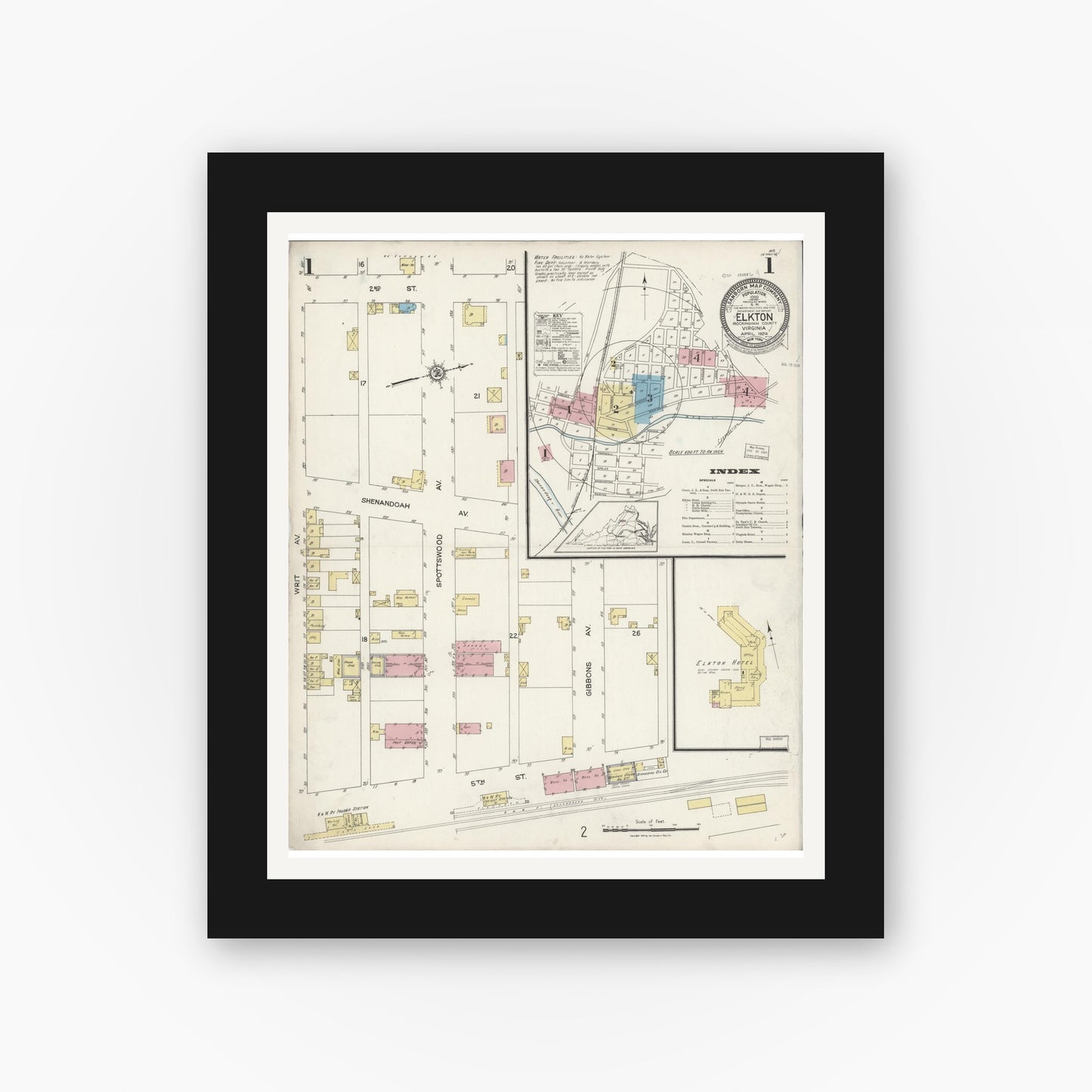 Old map wall art mockup — black gallery frame with white mat — Sanborn Fire Insurance Map from Elkton, Rockingham County, Virginia (1924), Sheet #0001