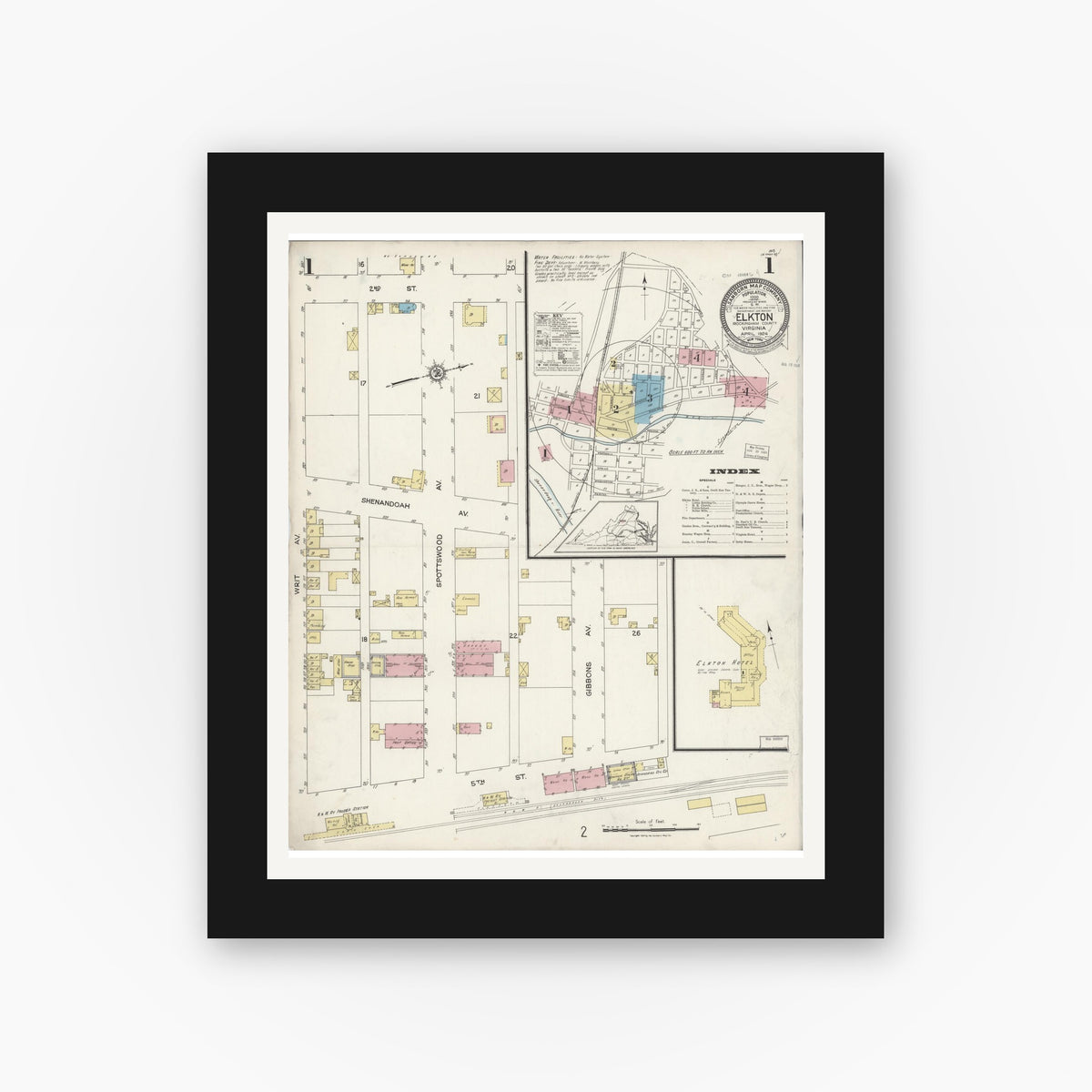 Old map wall art mockup — black gallery frame with white mat — Sanborn Fire Insurance Map from Elkton, Rockingham County, Virginia (1924), Sheet #0001