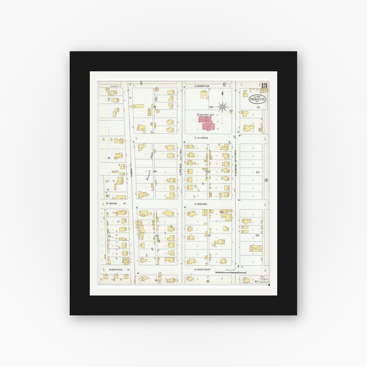 Old map wall art mockup — black gallery frame with white mat — Sanborn Fire Insurance Map from Princeton, Gibson County, Indiana (1900), Sheet #0013