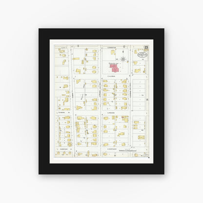 Old map wall art mockup — black gallery frame with white mat — Sanborn Fire Insurance Map from Princeton, Gibson County, Indiana (1900), Sheet #0013