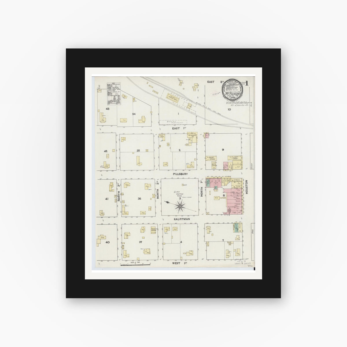 Old map wall art mockup — black gallery frame with white mat — Sanborn Fire Insurance Map from Mount Pleasant, Titus County, Texas (1891) - Complete Map Set