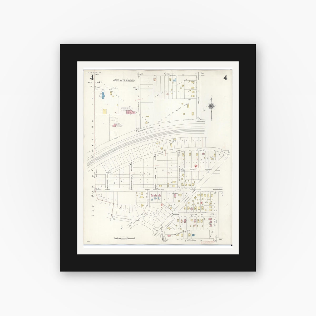 Old map wall art mockup — black gallery frame with white mat — Sanborn Fire Insurance Map from Glen Ellyn, Du Page County, Illinois (1946), Sheet #0004