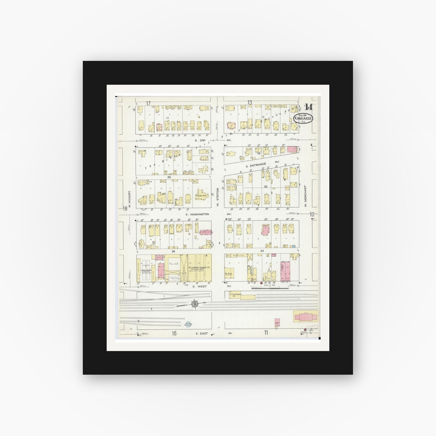 Old map wall art mockup — black gallery frame with white mat — Sanborn Fire Insurance Map from Kankakee, Kankakee County, Illinois (1914), Sheet #0014
