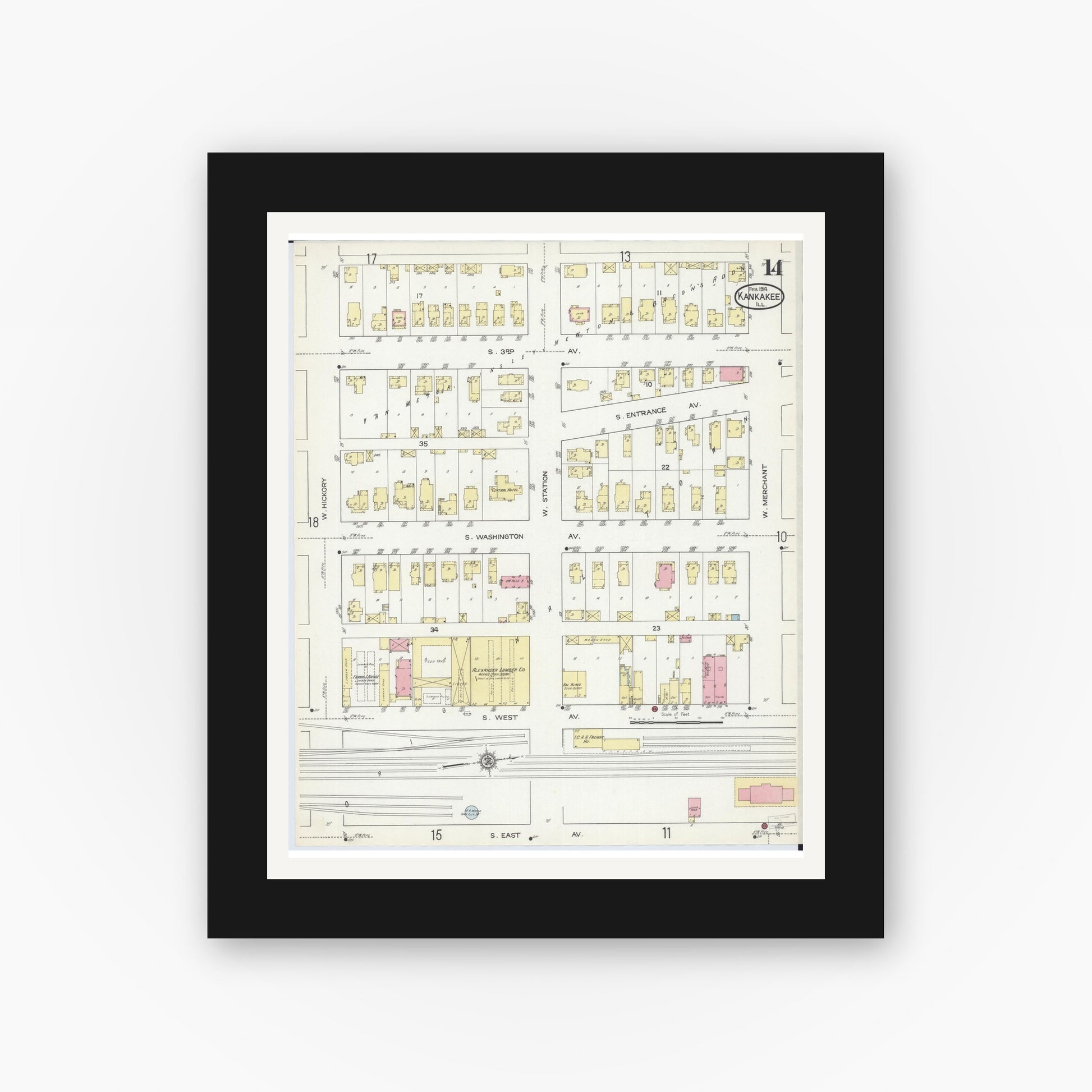 Old map wall art mockup — black gallery frame with white mat — Sanborn Fire Insurance Map from Kankakee, Kankakee County, Illinois (1914), Sheet #0014