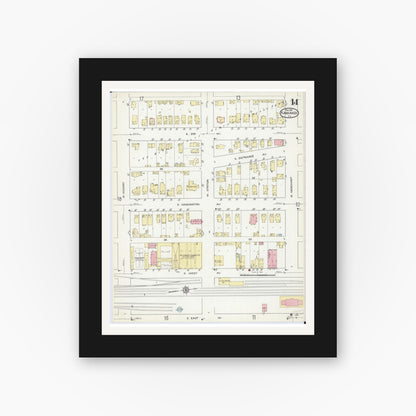 Old map wall art mockup — black gallery frame with white mat — Sanborn Fire Insurance Map from Kankakee, Kankakee County, Illinois (1914), Sheet #0014