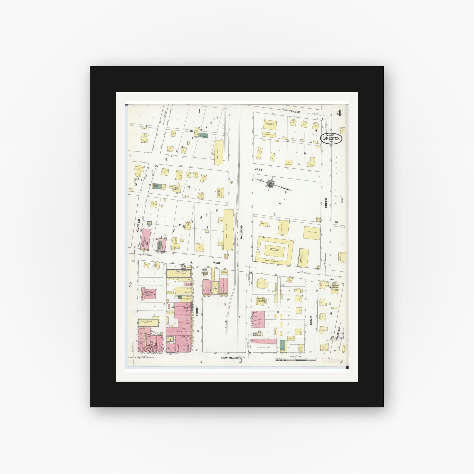 Old map wall art mockup — black gallery frame with white mat — Sanborn Fire Insurance Map from Sikeston, Scott County, Missouri (1910), Sheet #0004