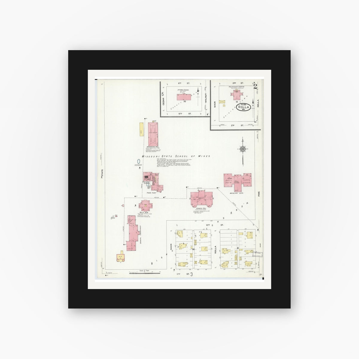 Old map wall art mockup — black gallery frame with white mat — Sanborn Fire Insurance Map from Rolla, Phelps County, Missouri (1910), Sheet #0002