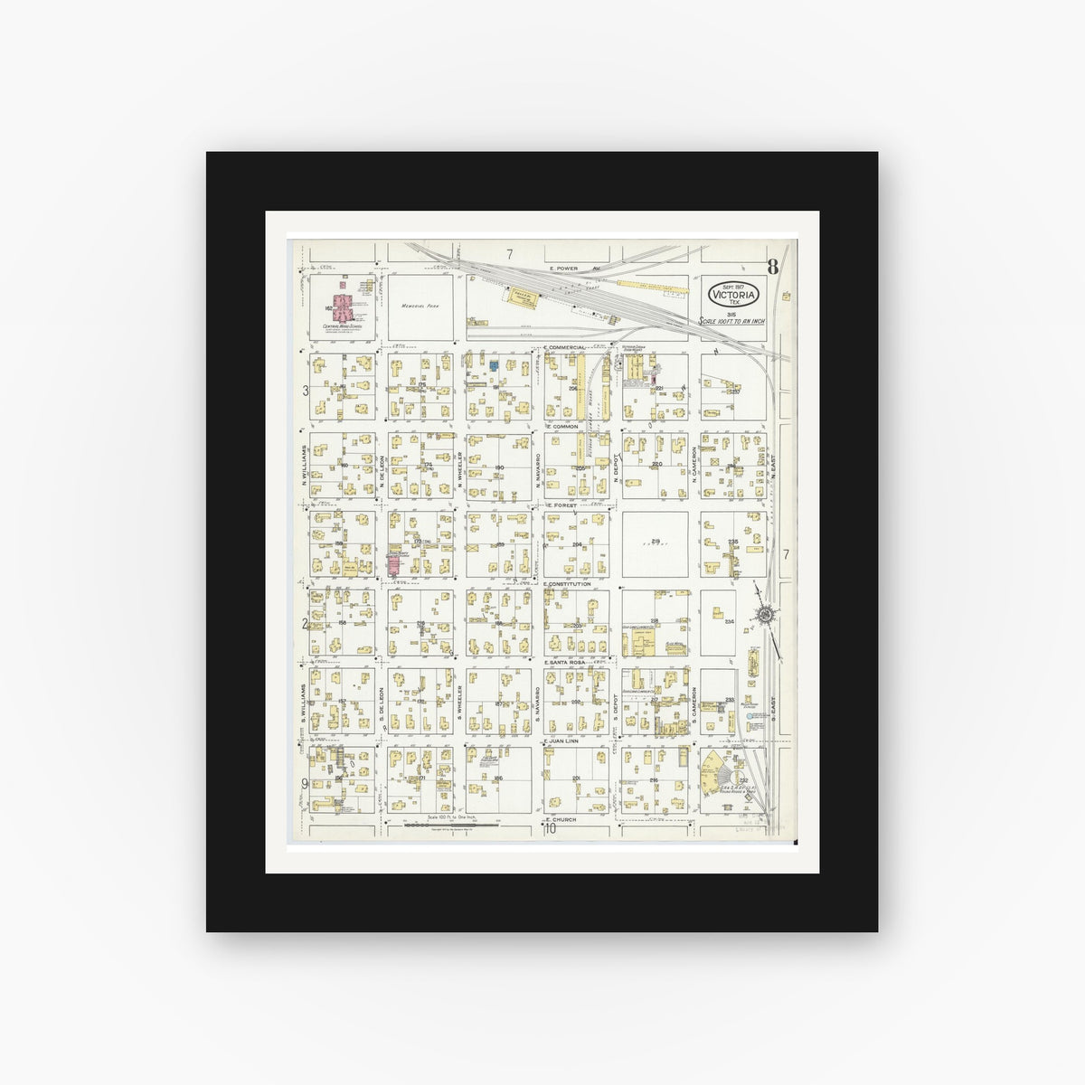 Old map wall art mockup — black gallery frame with white mat — Sanborn Fire Insurance Map from Victoria, Victoria County, Texas (1917), Sheet #0008