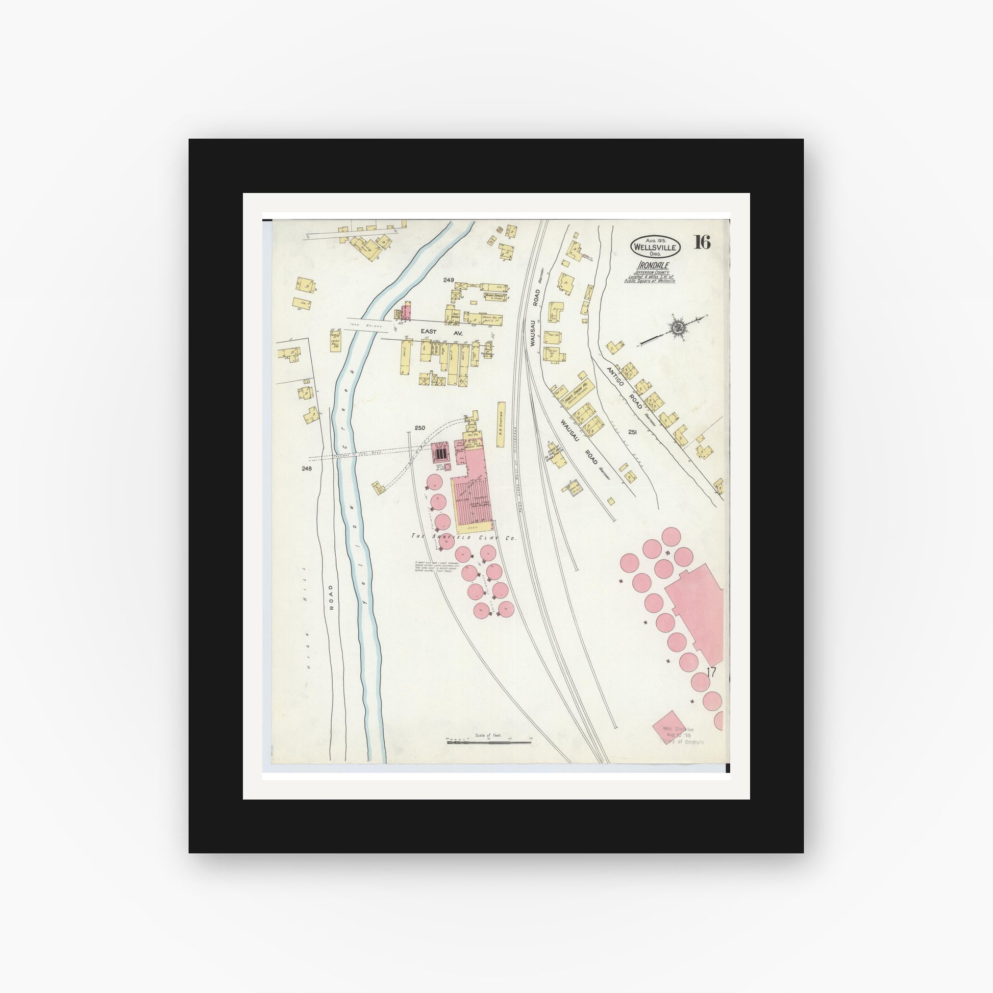 Old map wall art mockup — black gallery frame with white mat — Sanborn Fire Insurance Map from Wellsville, Columbiana County, Ohio (1915), Sheet #0016