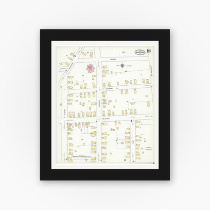 Old map wall art mockup — black gallery frame with white mat — Sanborn Fire Insurance Map from Johnstown, Fulton County, New York (1912), Sheet #0016