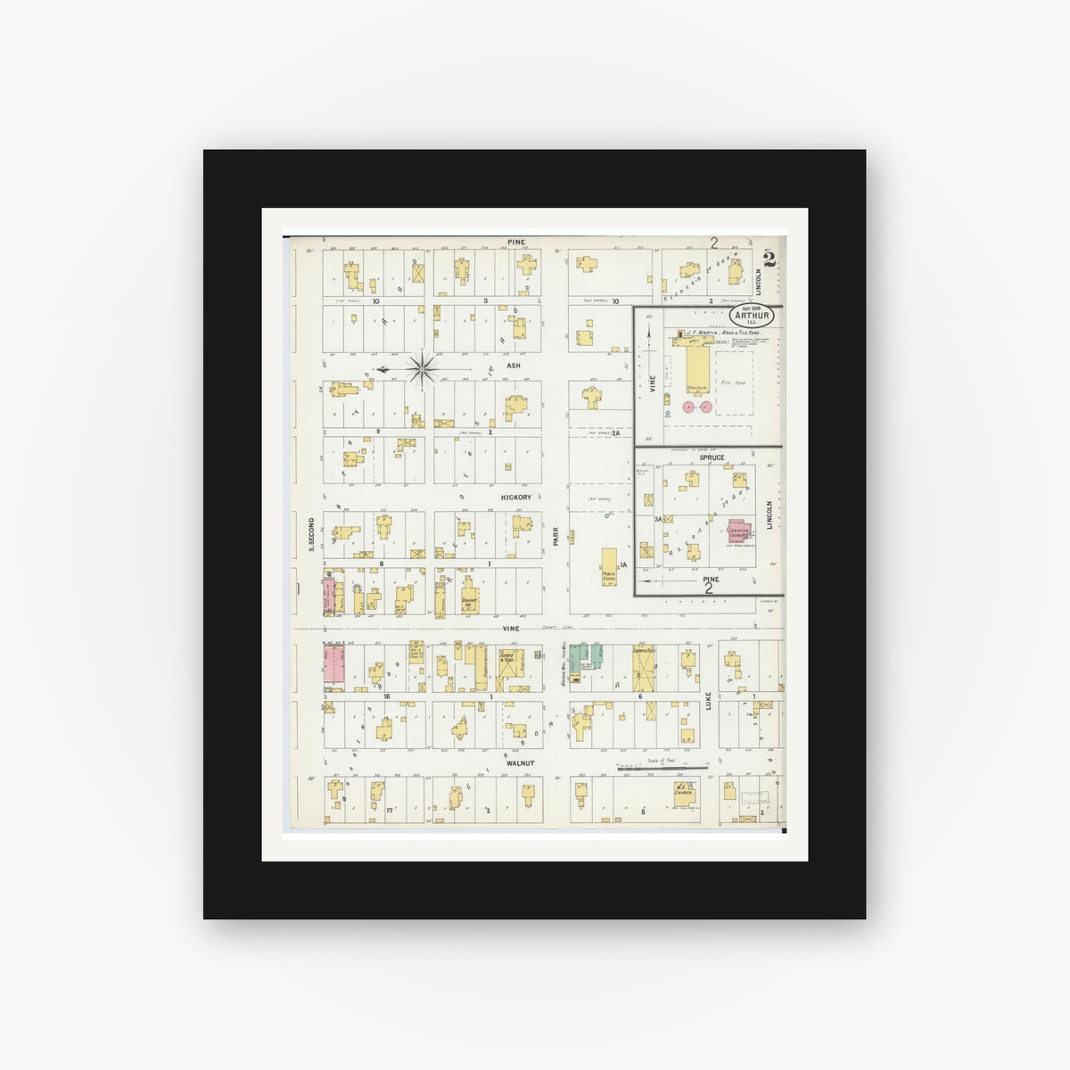 Old map wall art mockup — black gallery frame with white mat — Sanborn Fire Insurance Map from Arthur, Moultrie And Douglas Counties, Illinois (1899), Sheet #0002