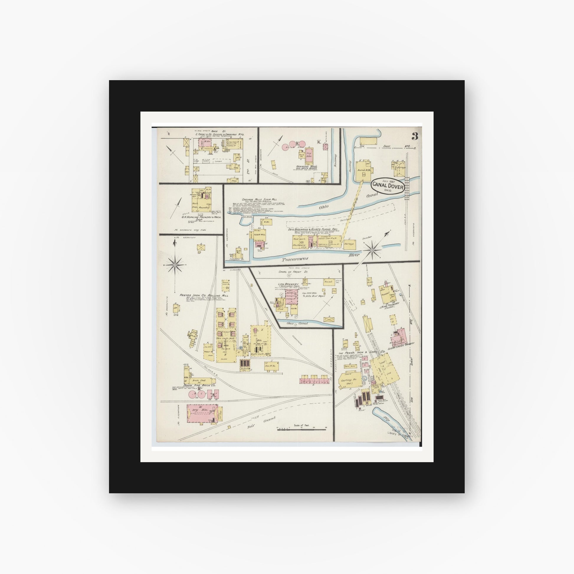 Old map wall art mockup — black gallery frame with white mat — Sanborn Fire Insurance Map from Canal Dover, Tuscarawas County, Ohio (1887), Sheet #0003