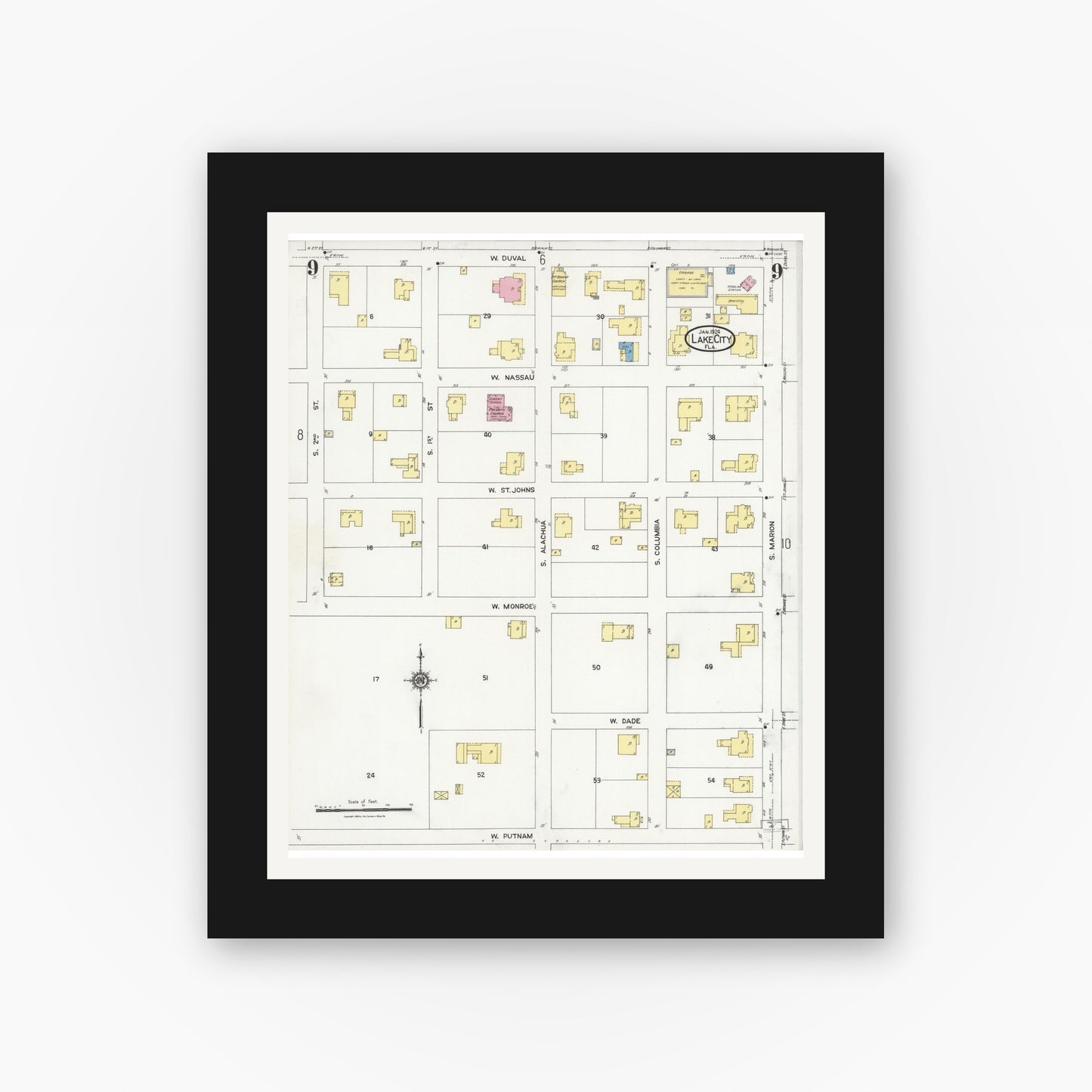 Old map wall art mockup — black gallery frame with white mat — Sanborn Fire Insurance Map from Lake City, Columbia County, Florida (1924), Sheet #0009