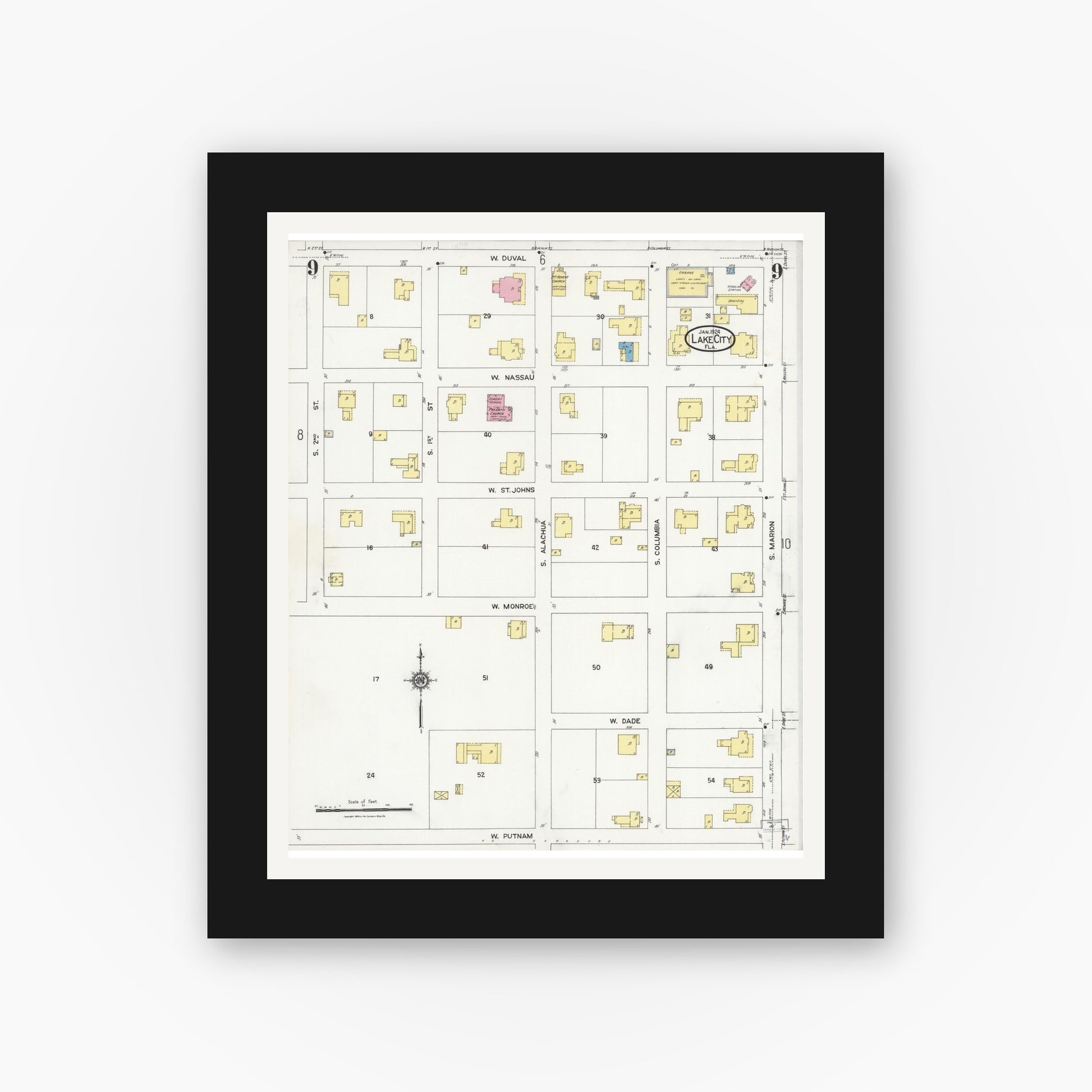 Old map wall art mockup — black gallery frame with white mat — Sanborn Fire Insurance Map from Lake City, Columbia County, Florida (1924), Sheet #0009