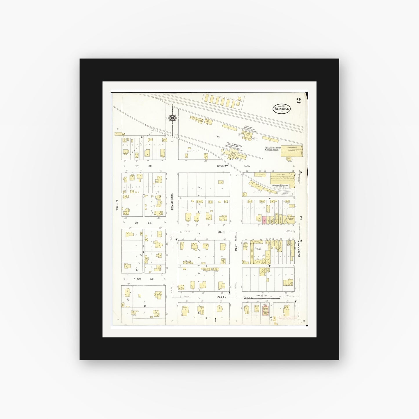 Old map wall art mockup — black gallery frame with white mat — Sanborn Fire Insurance Map from Reinbeck, Grundy County, Iowa (1911), Sheet #0002