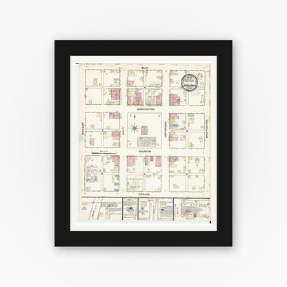 Old map wall art mockup — black gallery frame with white mat — Sanborn Fire Insurance Map from Sigourney, Kiokuk County, Iowa (1883), Sheet #0001