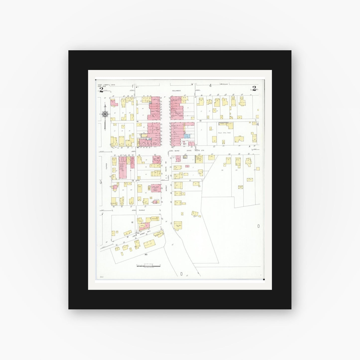 Old map wall art mockup — black gallery frame with white mat — Sanborn Fire Insurance Map from West Liberty, Logan County, Ohio (1948), Sheet #0002