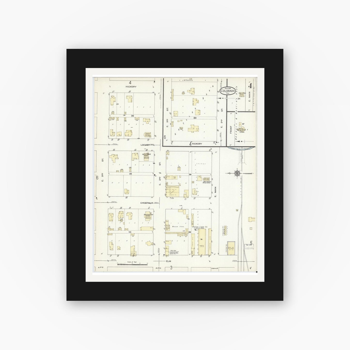 Old map wall art mockup — black gallery frame with white mat — Sanborn Fire Insurance Map from Colorado, Mitchell County, Texas (1914), Sheet #0004