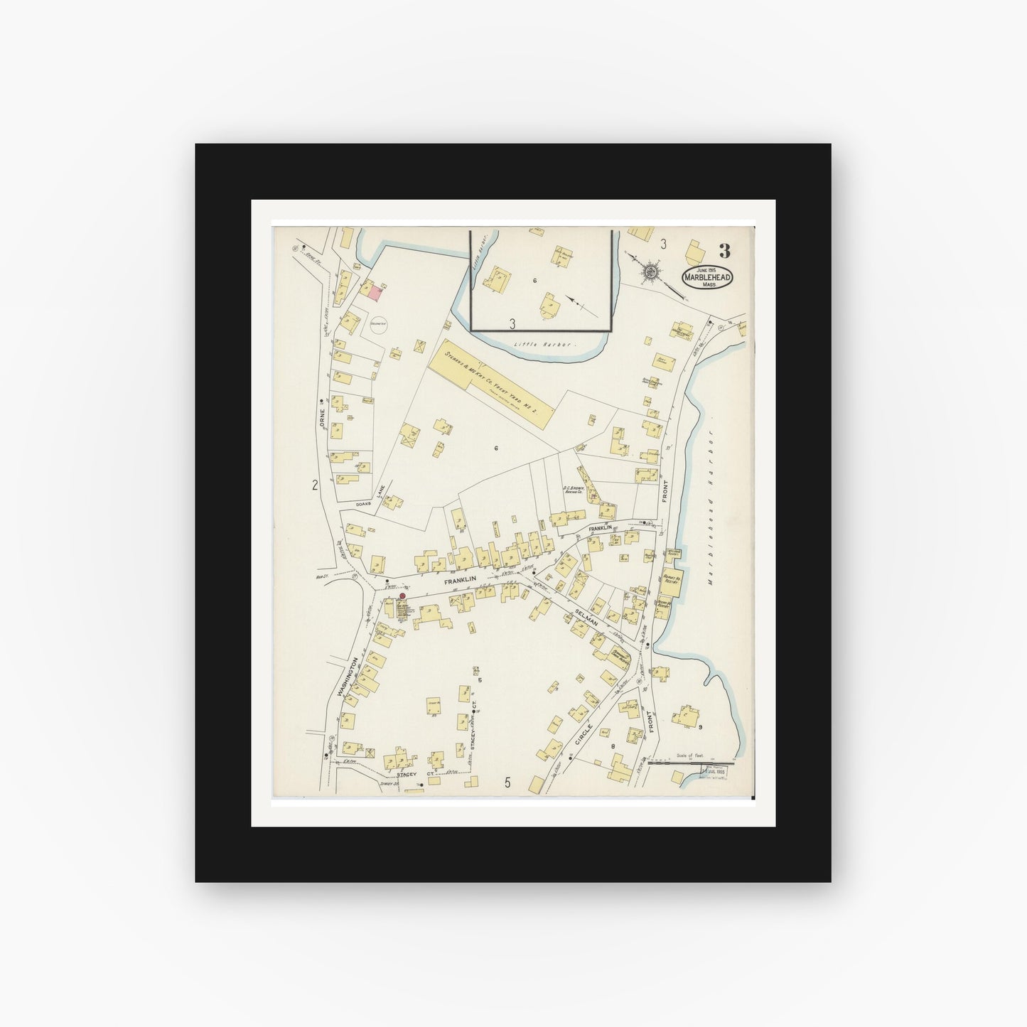 Old map wall art mockup — black gallery frame with white mat — Sanborn Fire Insurance Map from Marblehead, Essex County, Massachusetts (1915), Sheet #0003