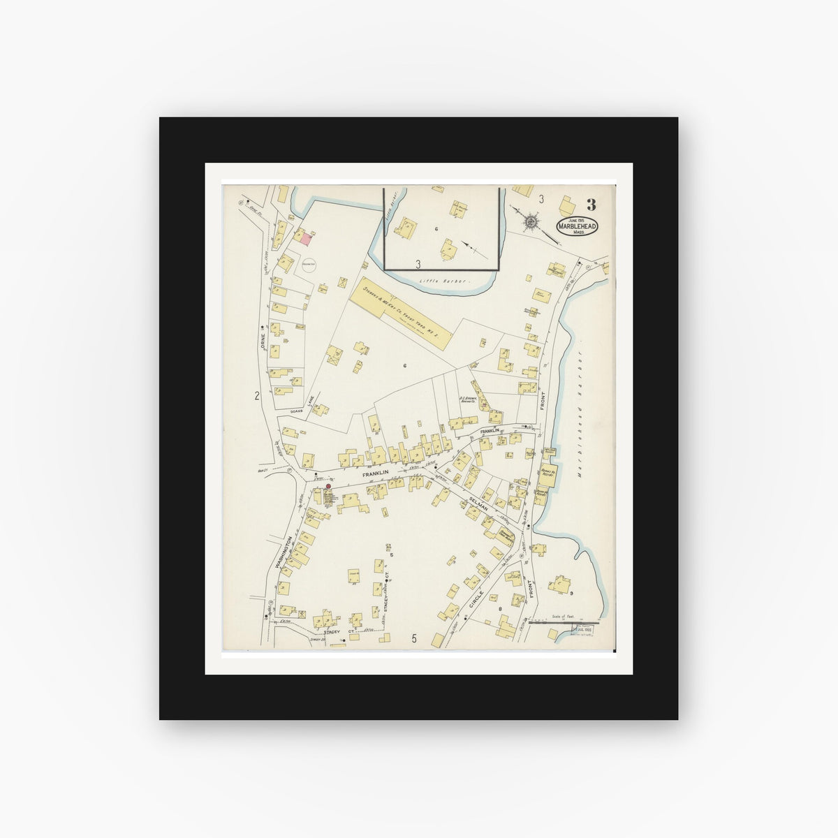 Old map wall art mockup — black gallery frame with white mat — Sanborn Fire Insurance Map from Marblehead, Essex County, Massachusetts (1915), Sheet #0003