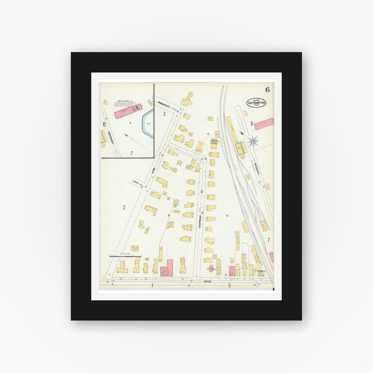 Old map wall art mockup — black gallery frame with white mat — Sanborn Fire Insurance Map from East Hampton, Hampshire County, Massachusetts (1902), Sheet #0006