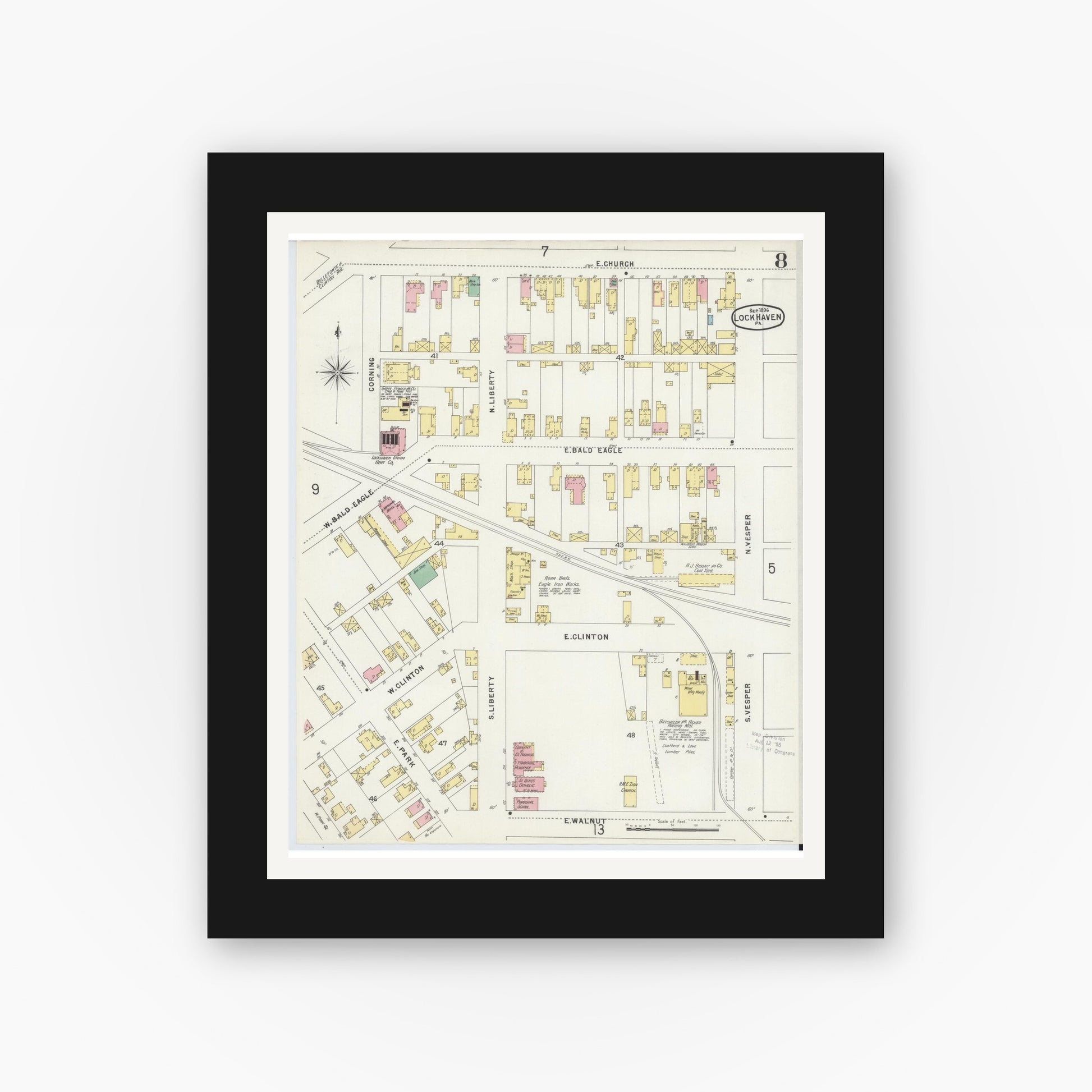 Old map wall art mockup — black gallery frame with white mat — Sanborn Fire Insurance Map from Lock Haven, Clinton County, Pennsylvania (1896), Sheet #0008