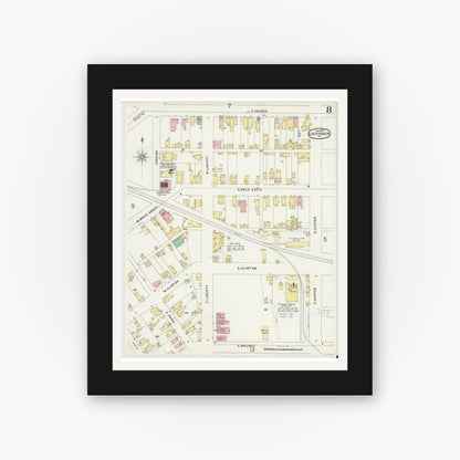 Old map wall art mockup — black gallery frame with white mat — Sanborn Fire Insurance Map from Lock Haven, Clinton County, Pennsylvania (1896), Sheet #0008