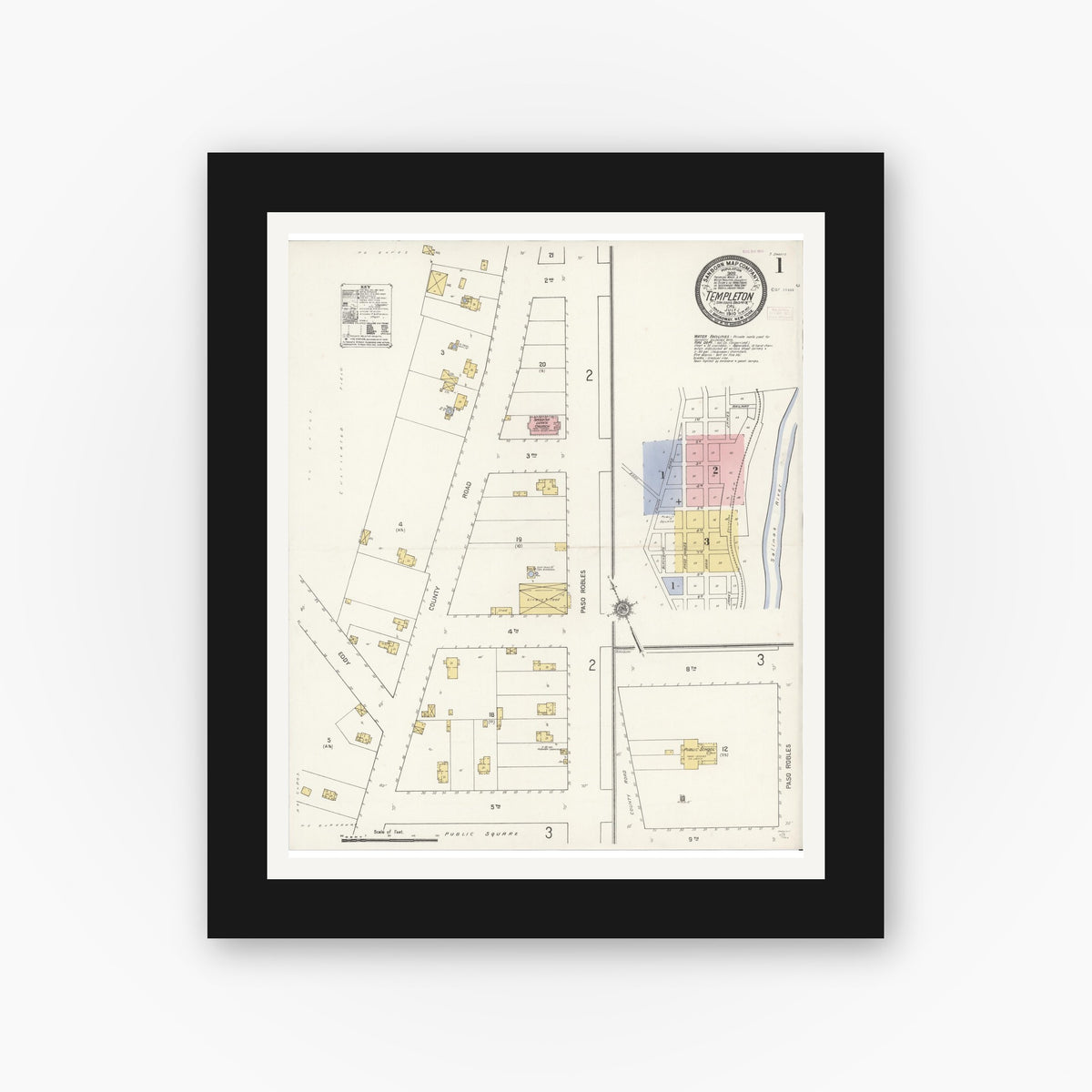 Old map wall art mockup — black gallery frame with white mat — Sanborn Fire Insurance Map from Templeton, San Luis Obispo County, California (1910) - Complete Map Set