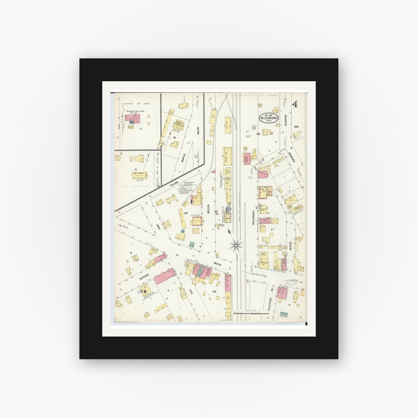 Old map wall art mockup — black gallery frame with white mat — Sanborn Fire Insurance Map from Richmond, Macomb County, Michigan (1907), Sheet #0004