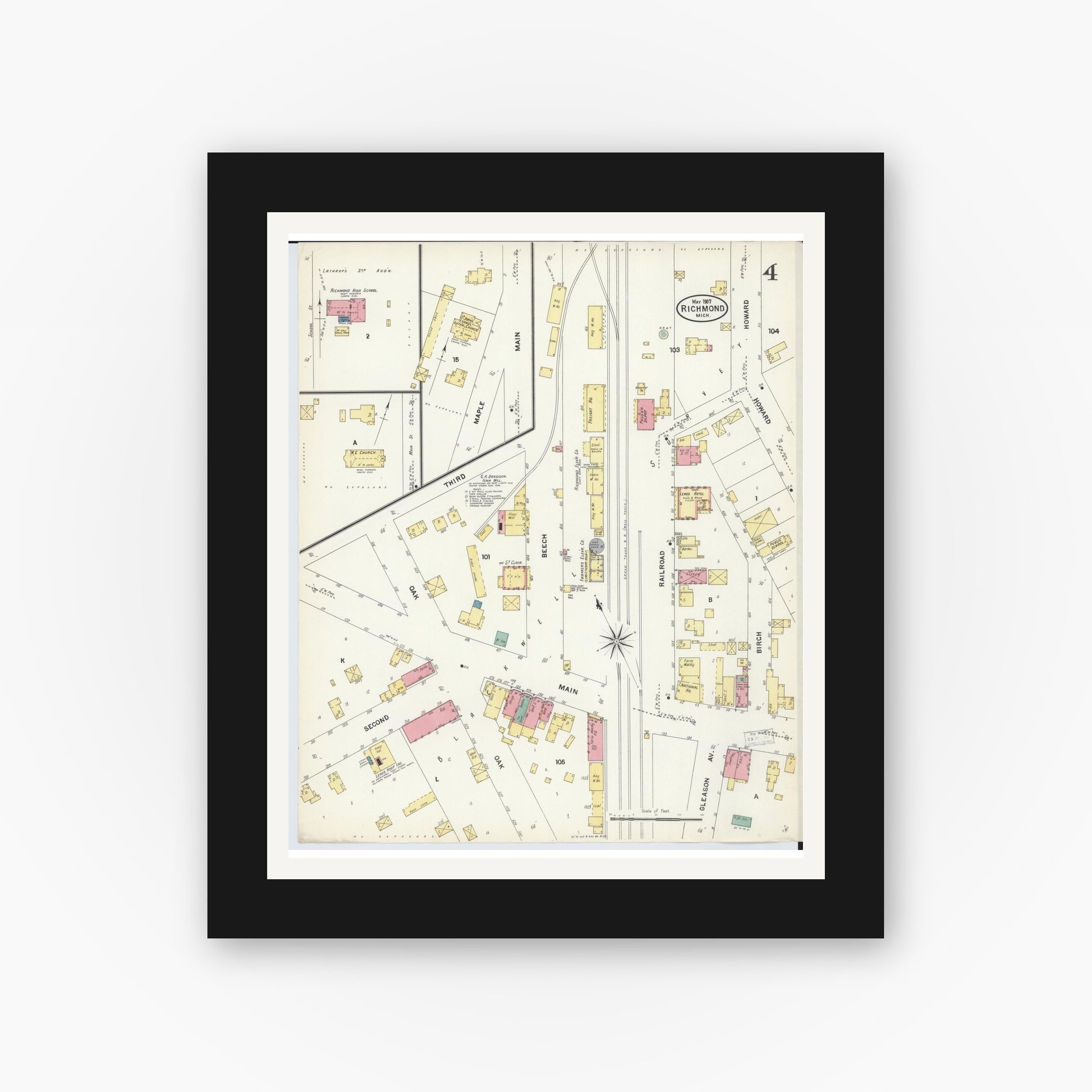 Old map wall art mockup — black gallery frame with white mat — Sanborn Fire Insurance Map from Richmond, Macomb County, Michigan (1907), Sheet #0004