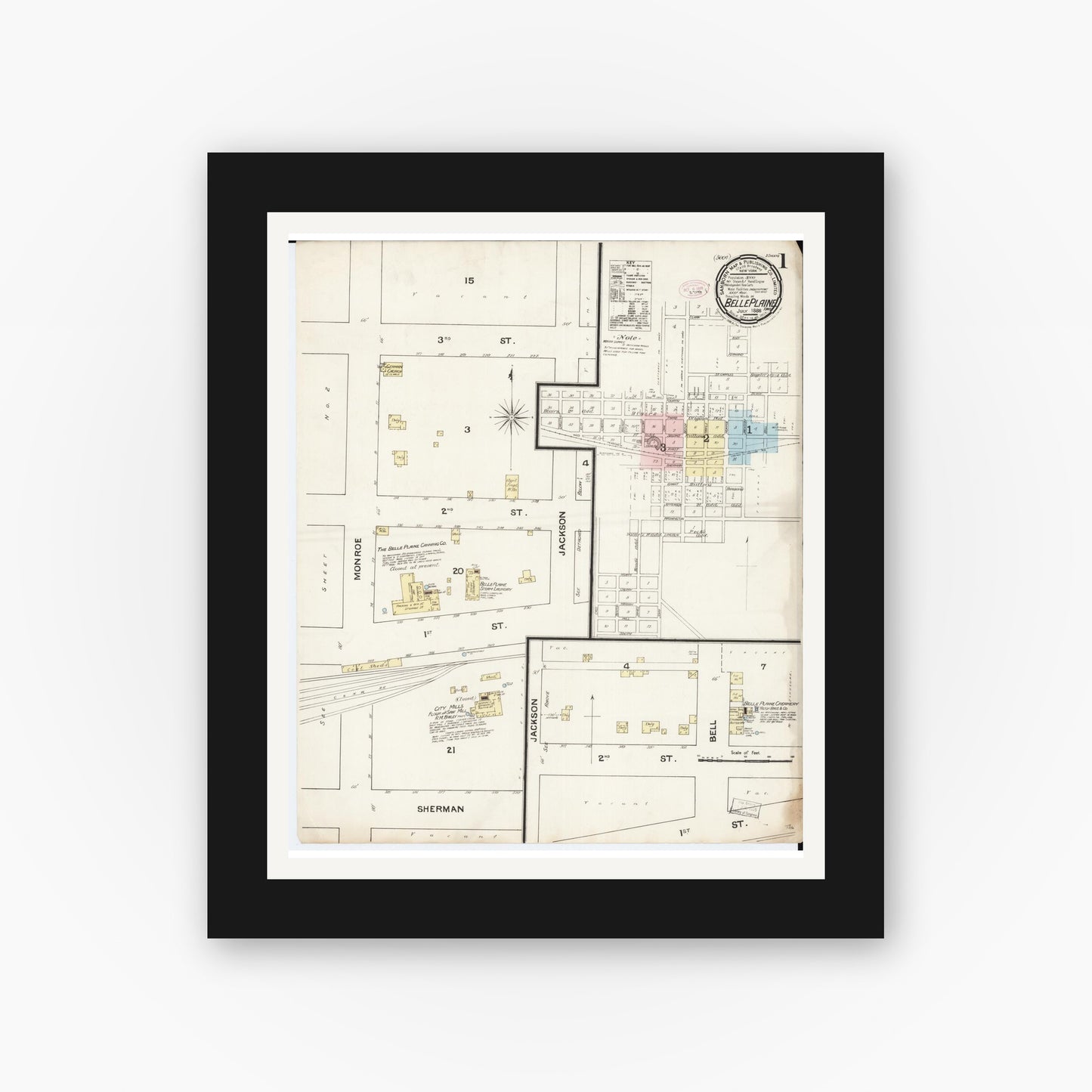 Old map wall art mockup — black gallery frame with white mat — Sanborn Fire Insurance Map from Belle Plaine, Benton County, Iowa (1888), Sheet #0001