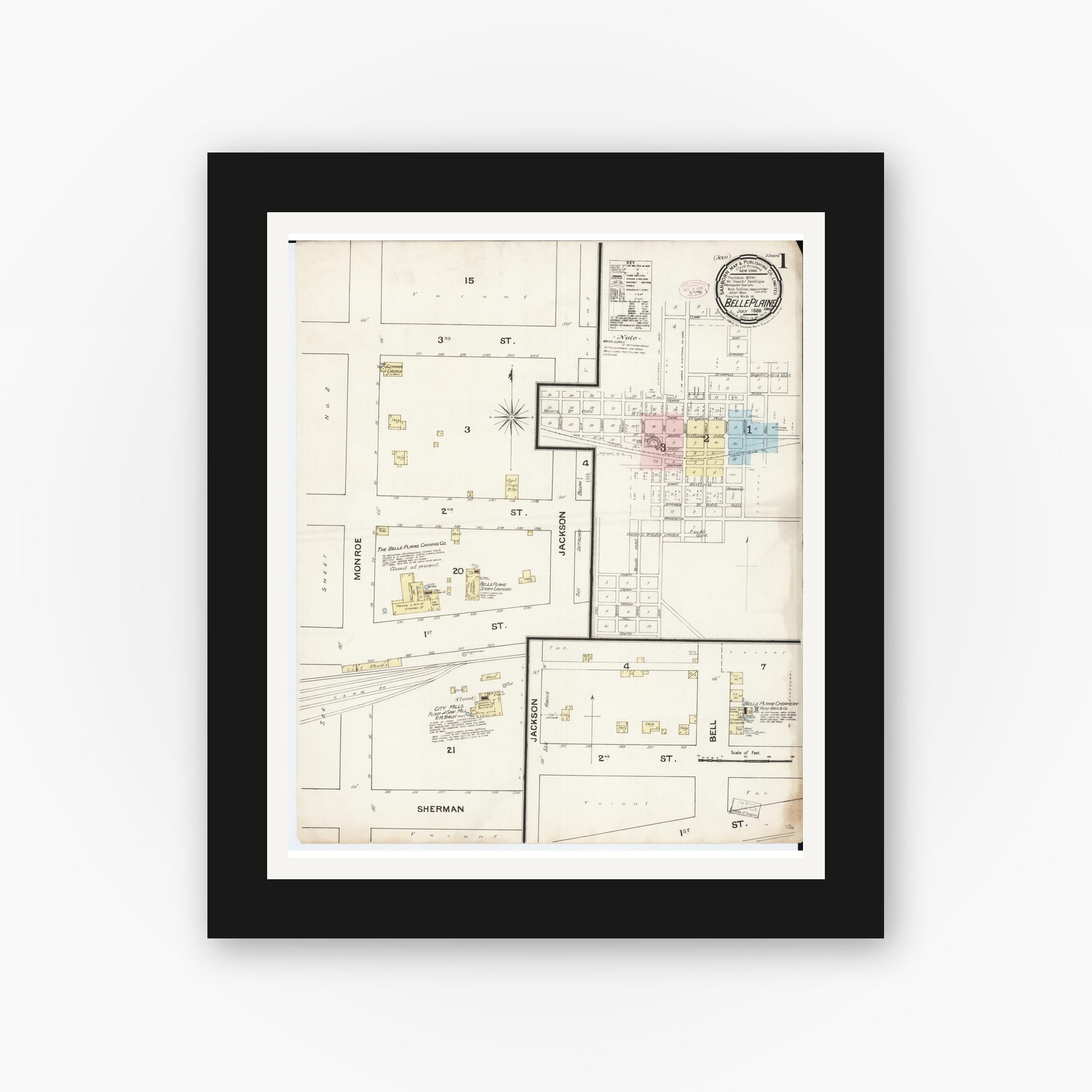 Old map wall art mockup — black gallery frame with white mat — Sanborn Fire Insurance Map from Belle Plaine, Benton County, Iowa (1888), Sheet #0001