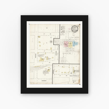 Old map wall art mockup — black gallery frame with white mat — Sanborn Fire Insurance Map from Belle Plaine, Benton County, Iowa (1888), Sheet #0001