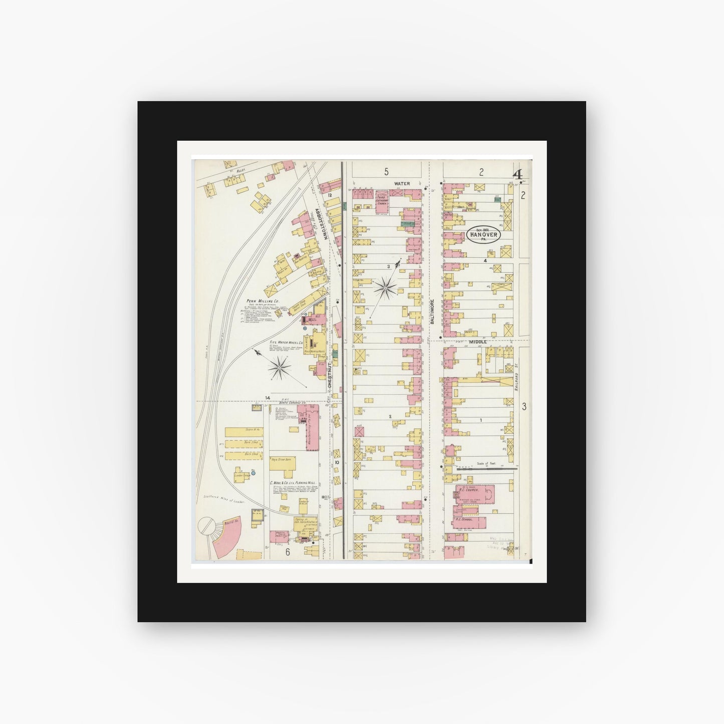 Old map wall art mockup — black gallery frame with white mat — Sanborn Fire Insurance Map from Hanover, York County, Pennsylvania (1902), Sheet #0004