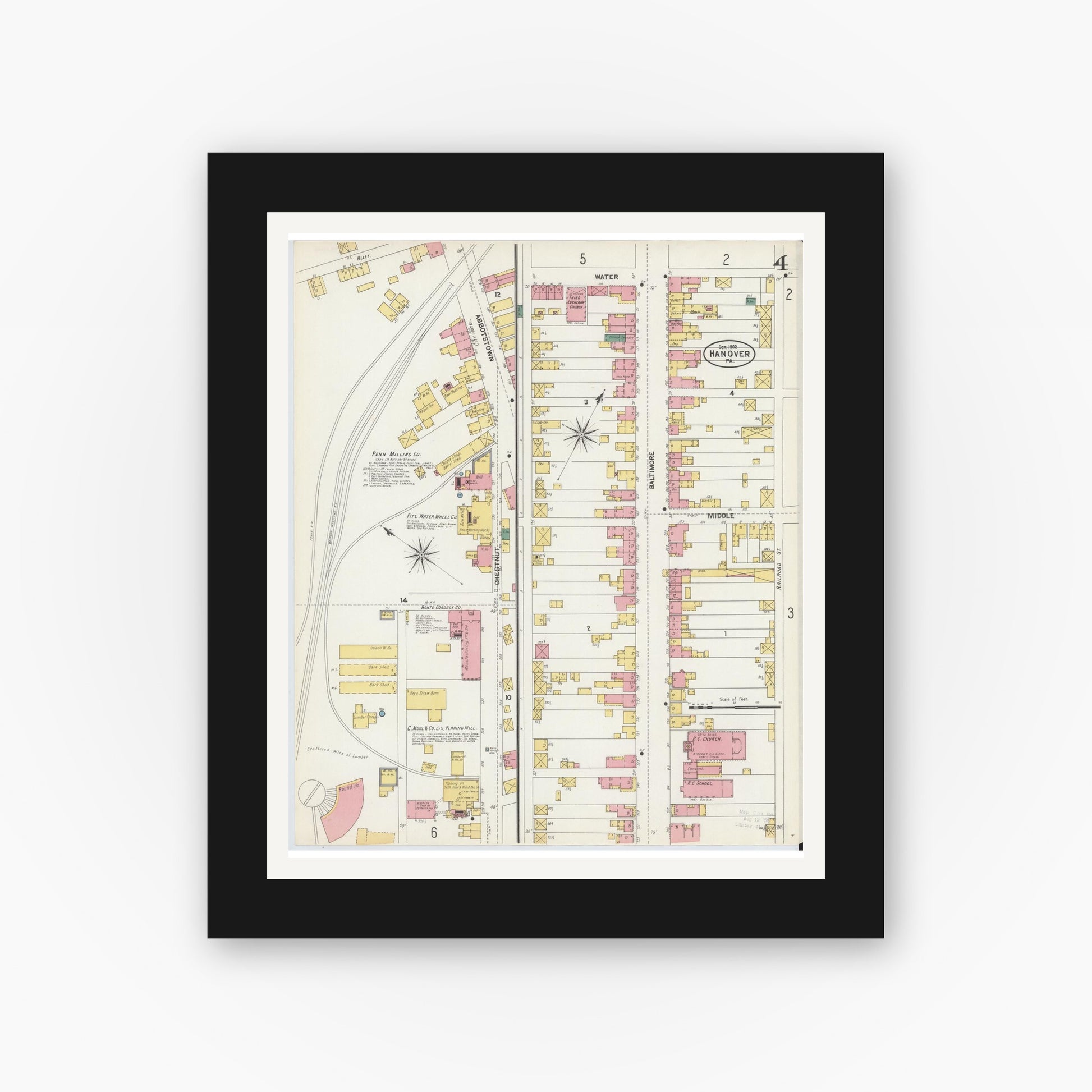 Old map wall art mockup — black gallery frame with white mat — Sanborn Fire Insurance Map from Hanover, York County, Pennsylvania (1902), Sheet #0004