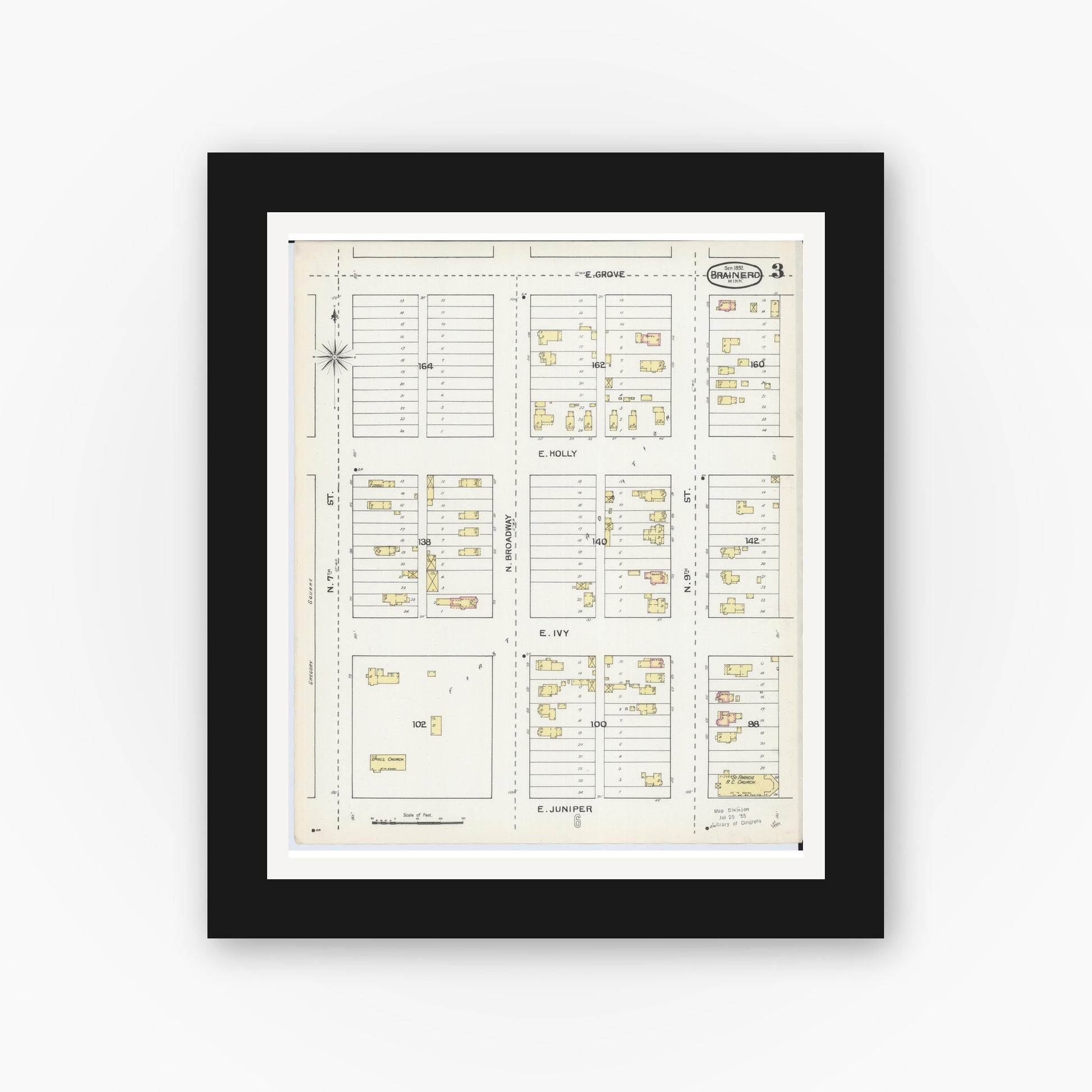 Old map wall art mockup — black gallery frame with white mat — Sanborn Fire Insurance Map from Brainerd, Crow Wing County, Minnesota (1892), Sheet #0003