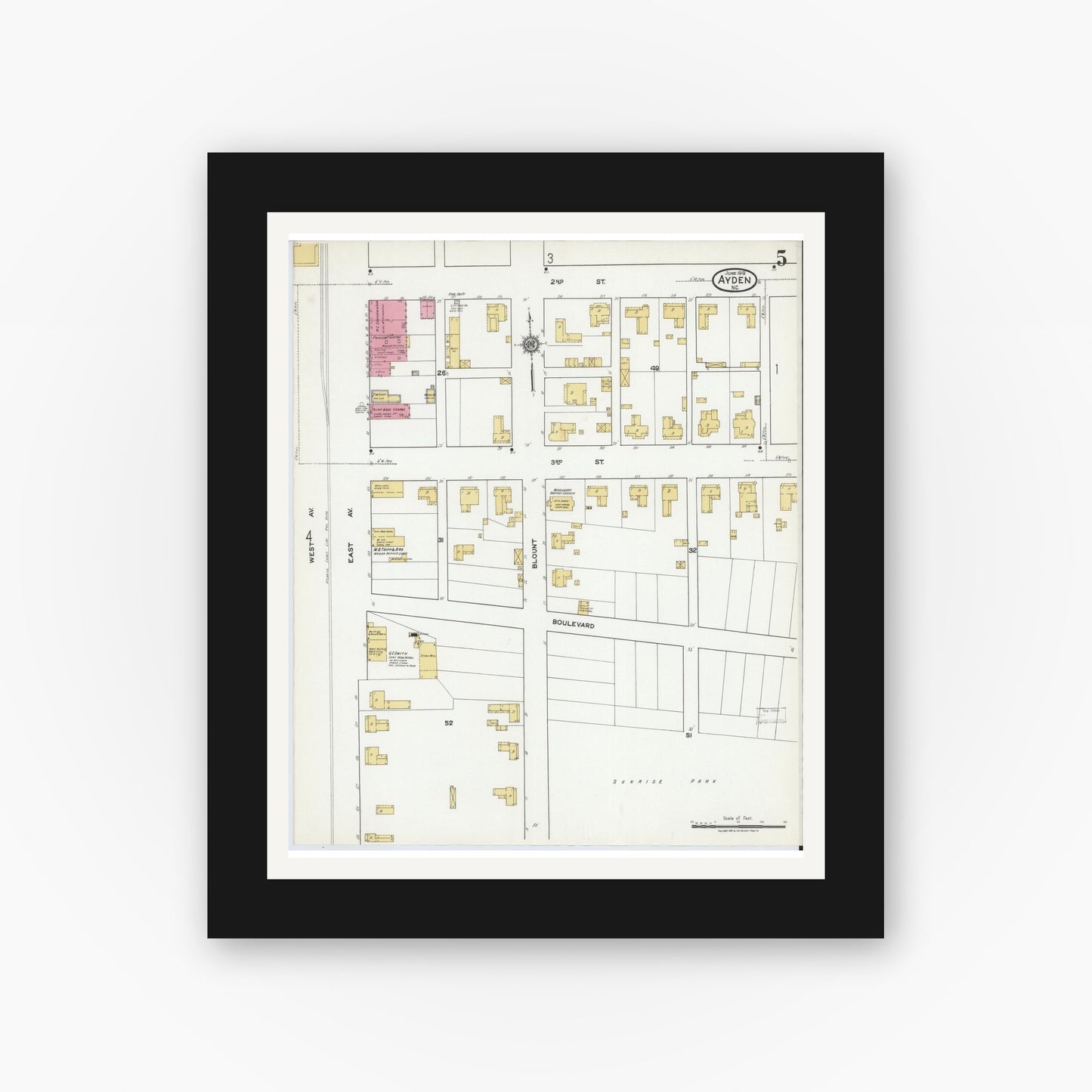 Old map wall art mockup — black gallery frame with white mat — Sanborn Fire Insurance Map from Ayden, Pitt County, North Carolina (1919), Sheet #0005