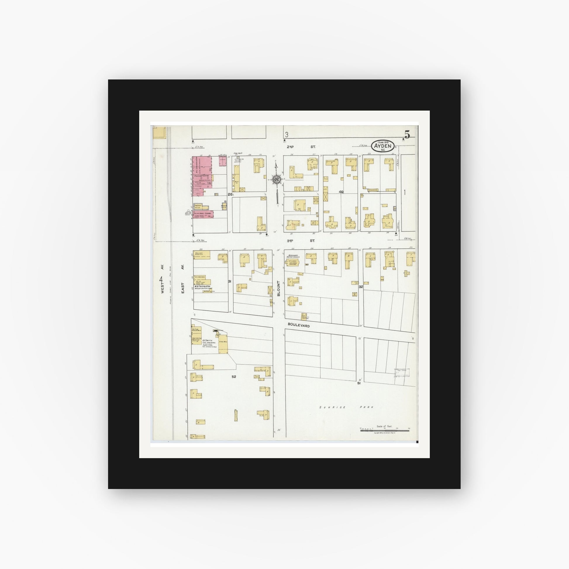 Old map wall art mockup — black gallery frame with white mat — Sanborn Fire Insurance Map from Ayden, Pitt County, North Carolina (1919), Sheet #0005
