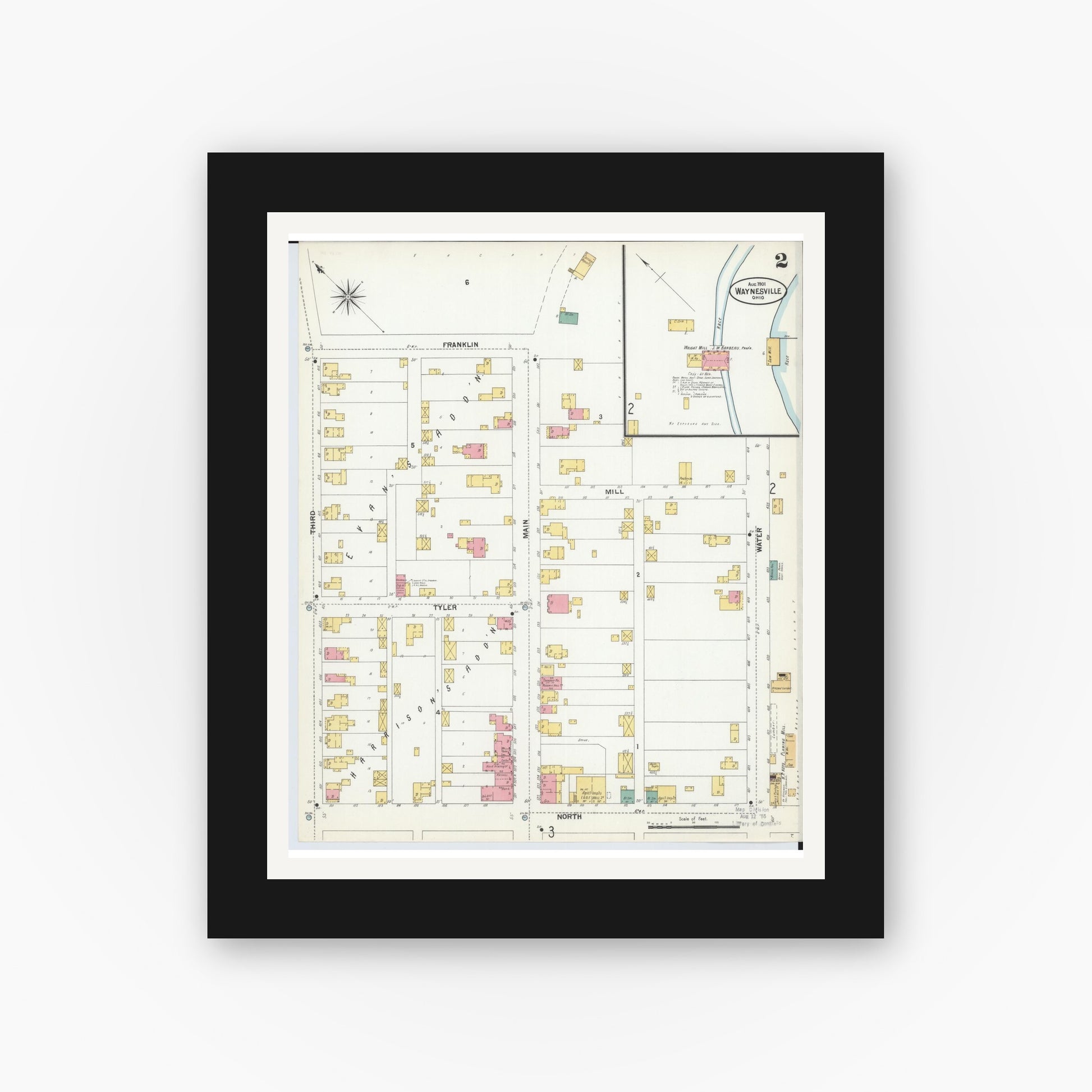 Old map wall art mockup — black gallery frame with white mat — Sanborn Fire Insurance Map from Waynesville, Warren County, Ohio (1901), Sheet #0002